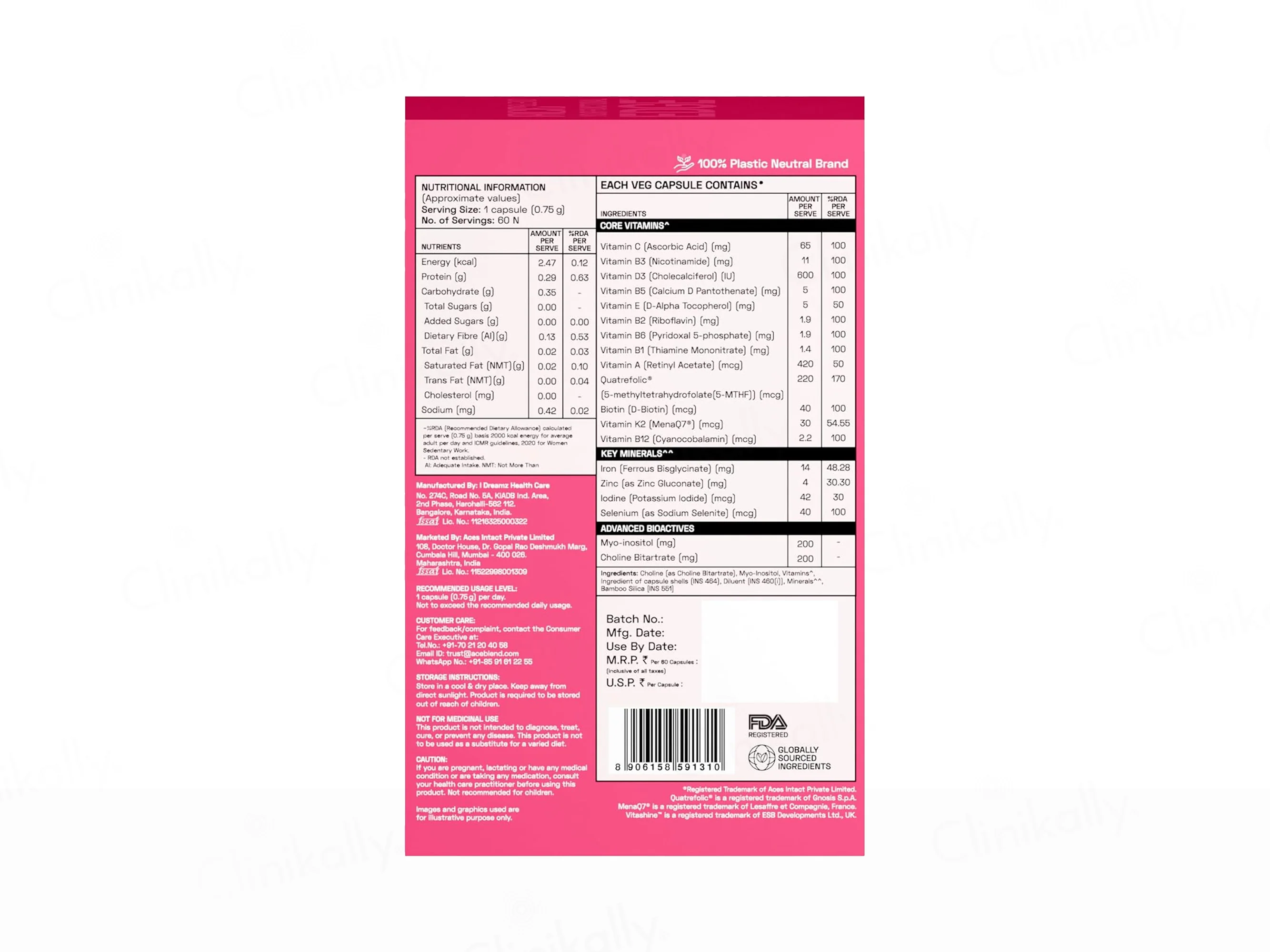 Ace Blend Women's Methylated Multivitamin Health Supplement Veg Capsule - Image 3