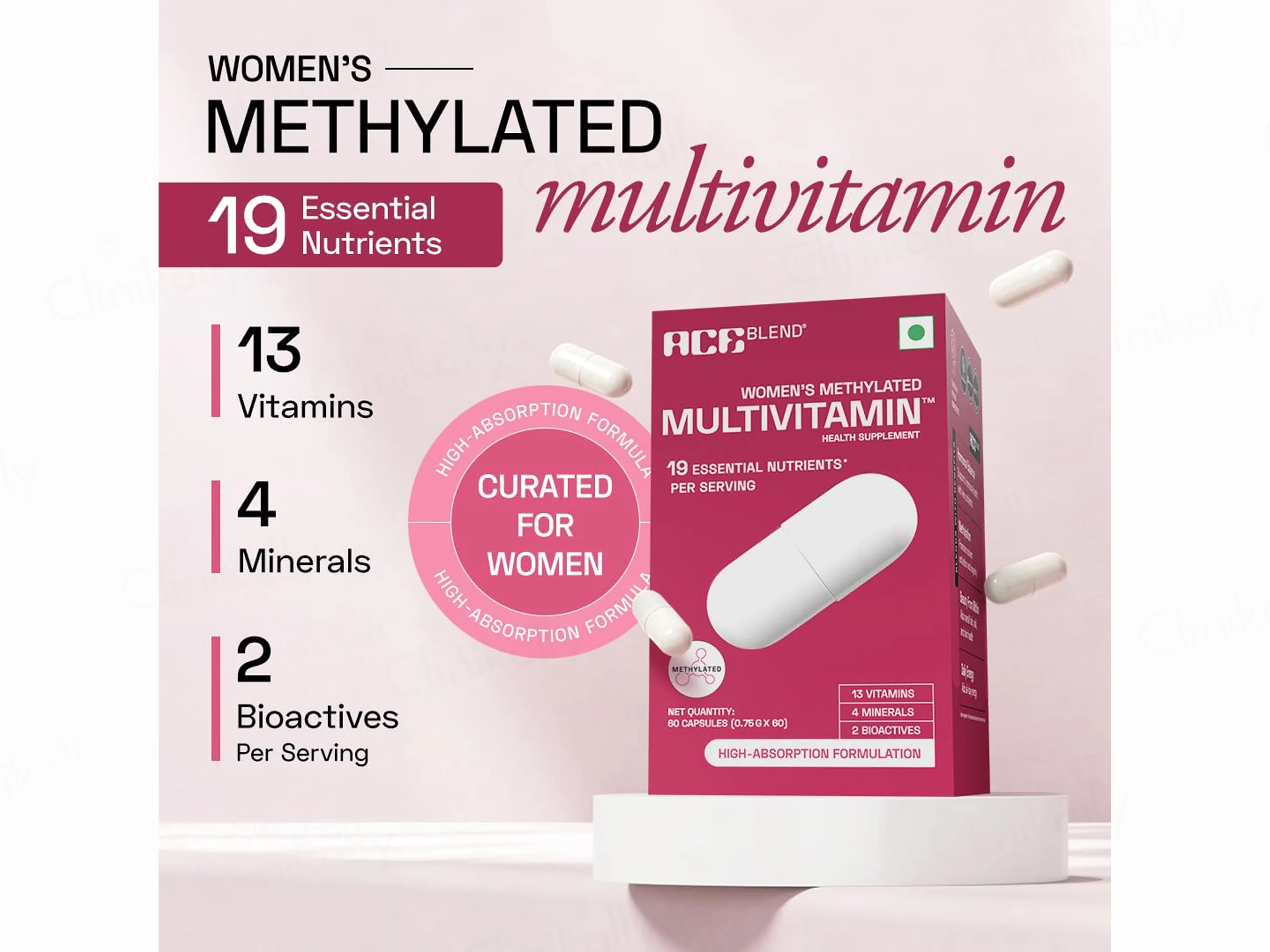 Ace Blend Women's Methylated Multivitamin Health Supplement Veg Capsule - Image 4