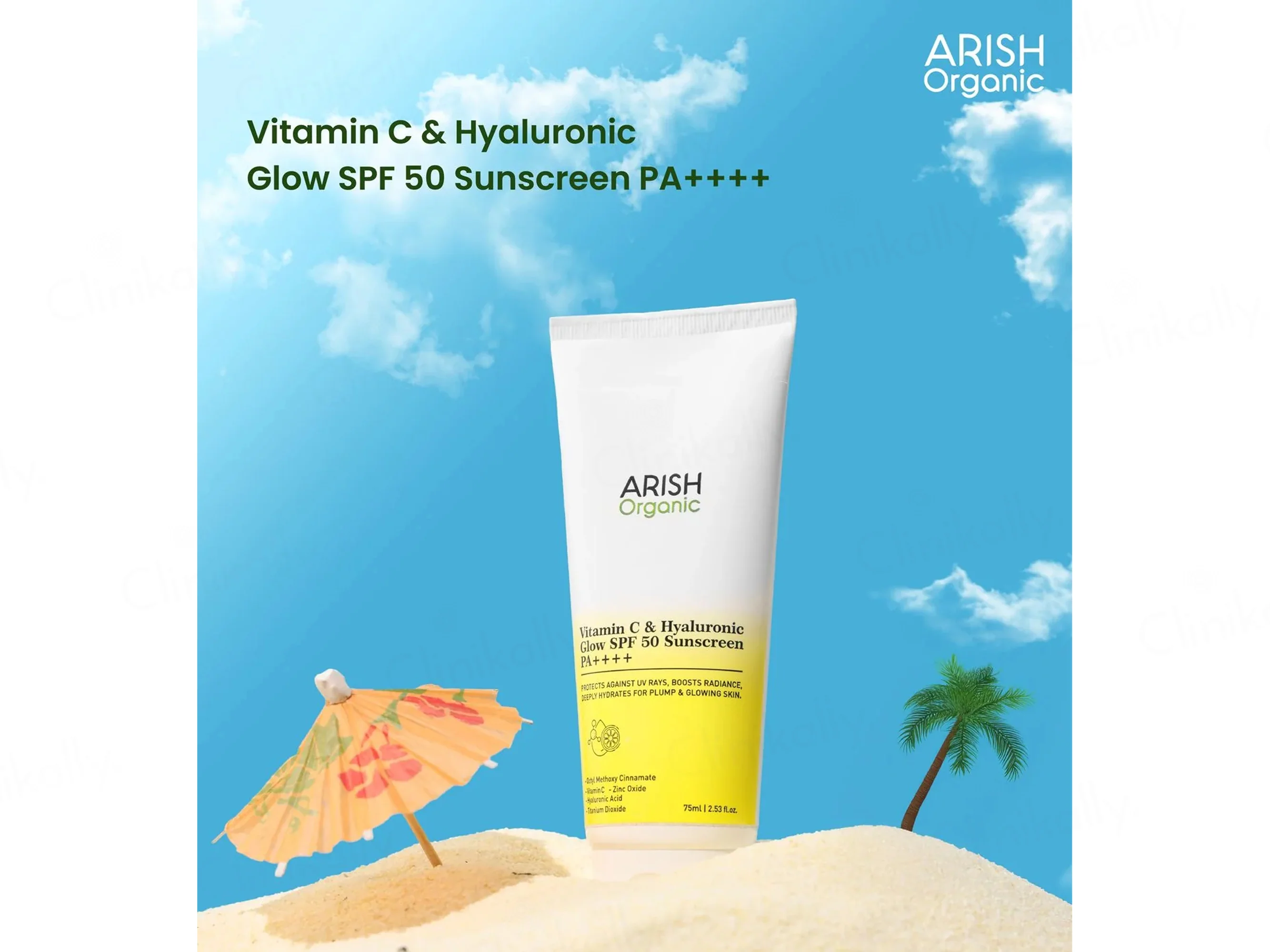 Arish Organic Vitamin C & Hyaluronic Acid Glow Sunscreen SPF 50 PA++++ - Image 2