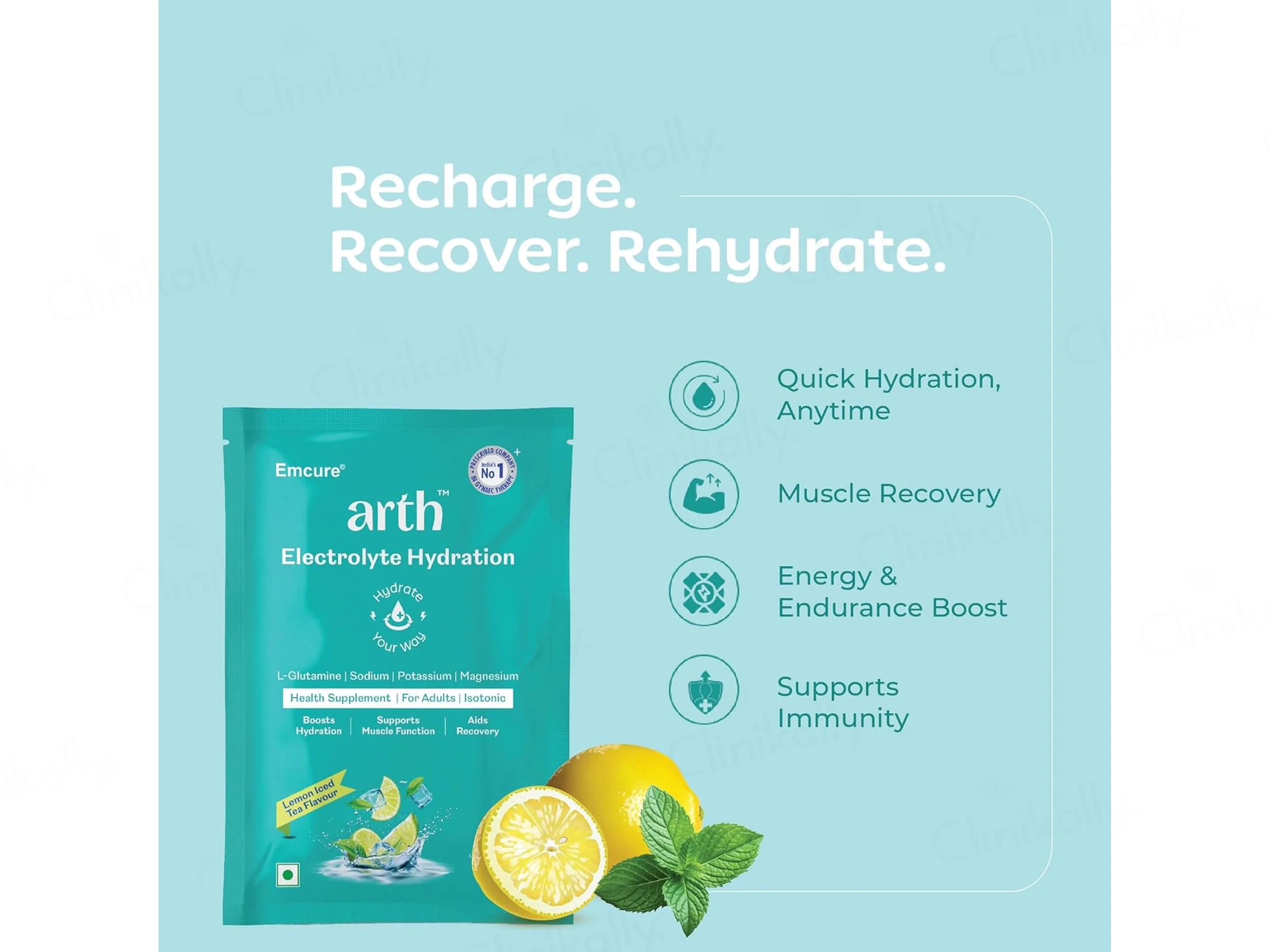 Arth Electrolyte Hydration Health Supplement Powder - Lemon Iced Tea Flavour - Image 3