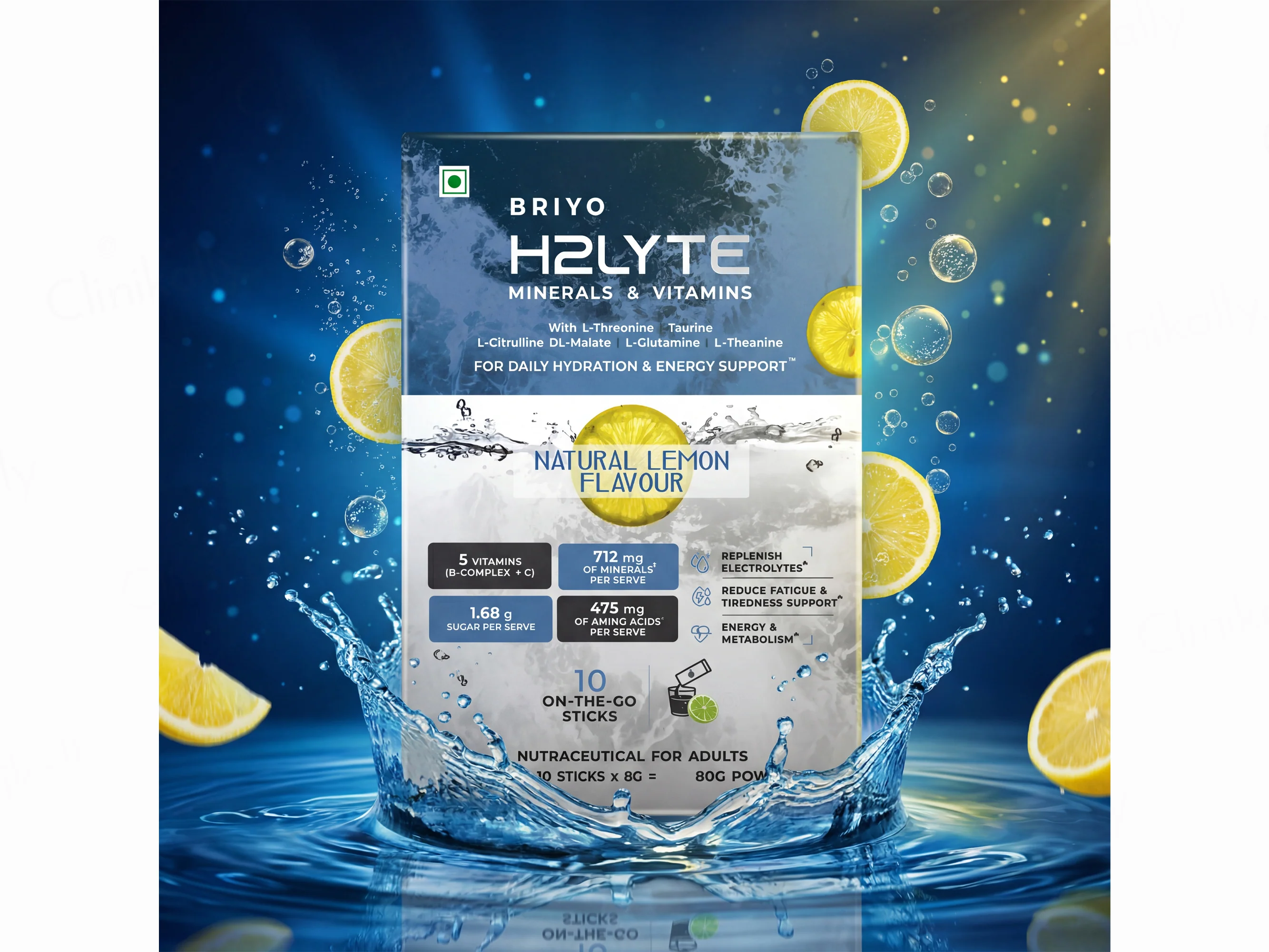 Briyo H2Lyte Minerals & Vitamins Daily Hydration Nutraceutical Powder - Natural Lemon Flavour - Image 3