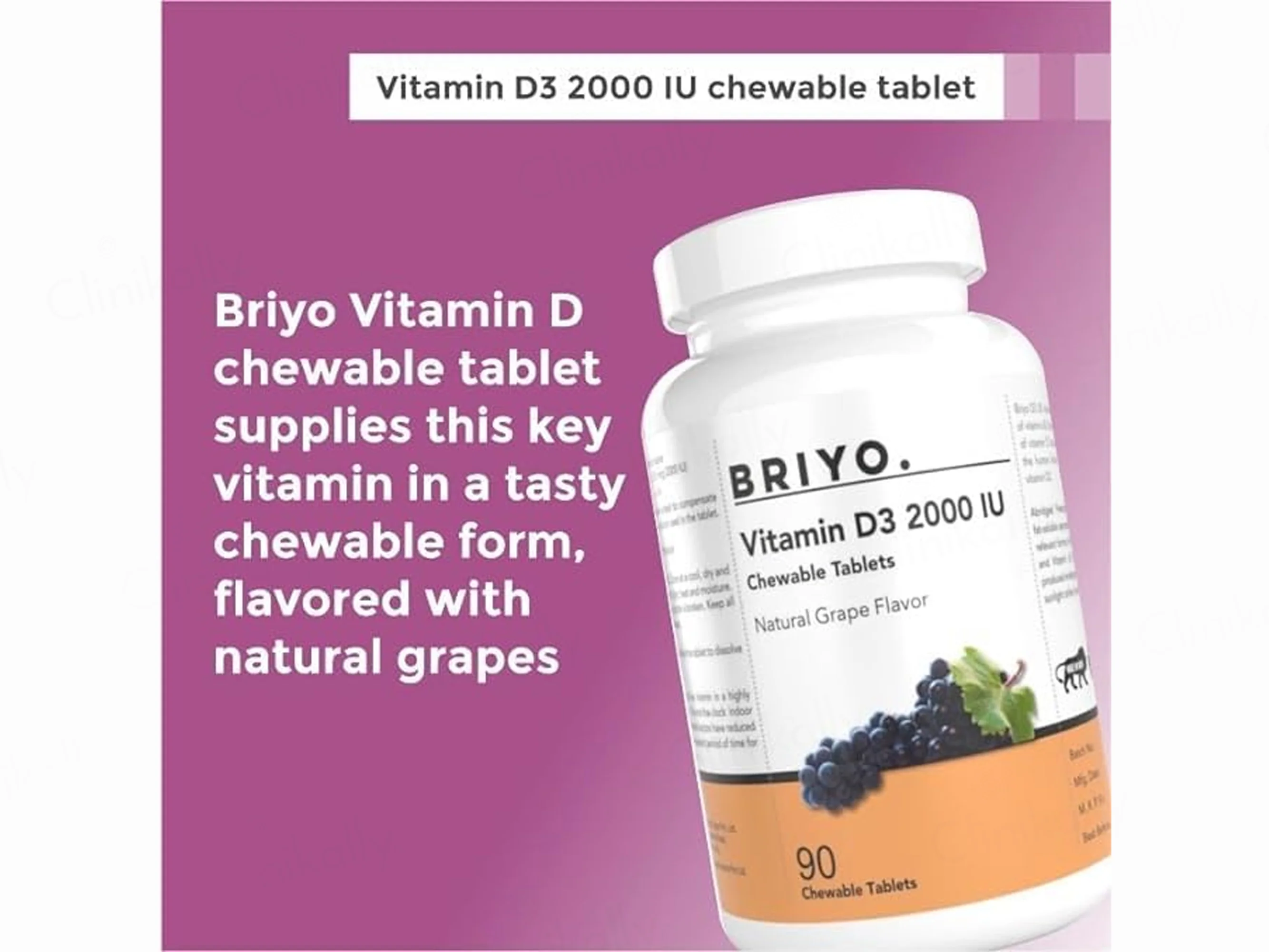 Briyo Vitamin D3 2000 IU Chewable Tablet - Natural Grape Flavour - Image 2