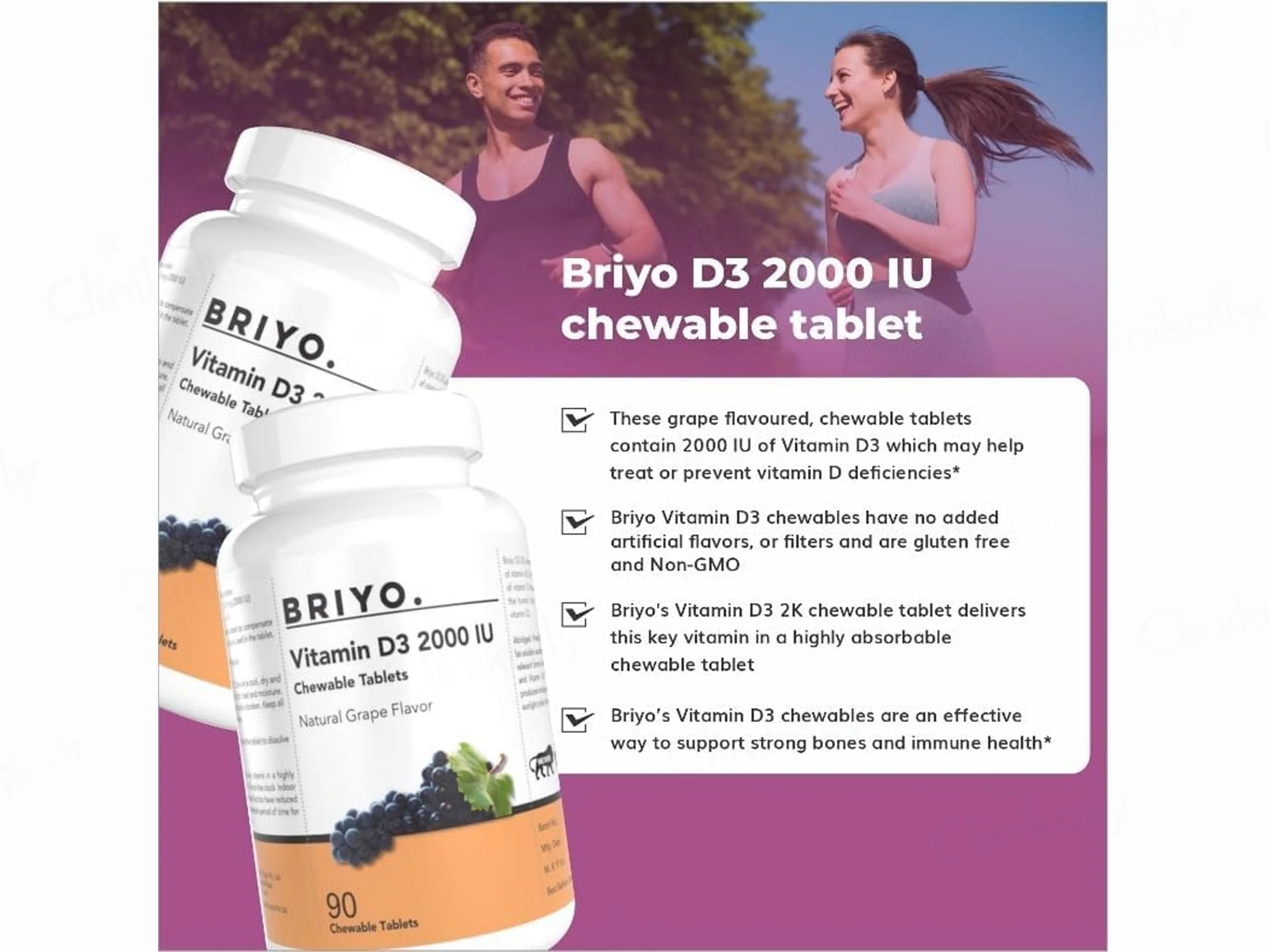 Briyo Vitamin D3 2000 IU Chewable Tablet - Natural Grape Flavour - Image 3