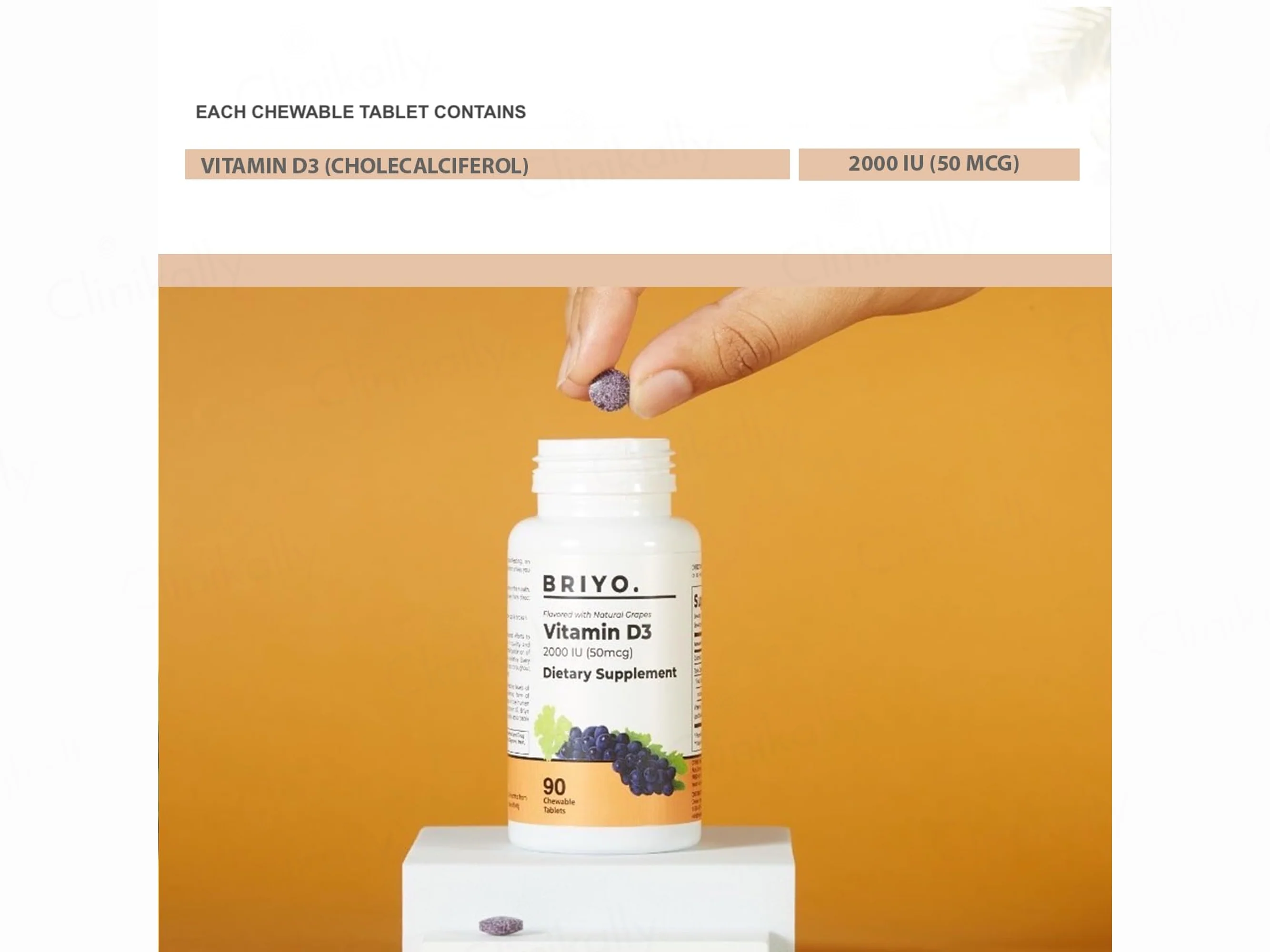 Briyo Vitamin D3 2000 IU Chewable Tablet - Natural Grape Flavour - Image 6