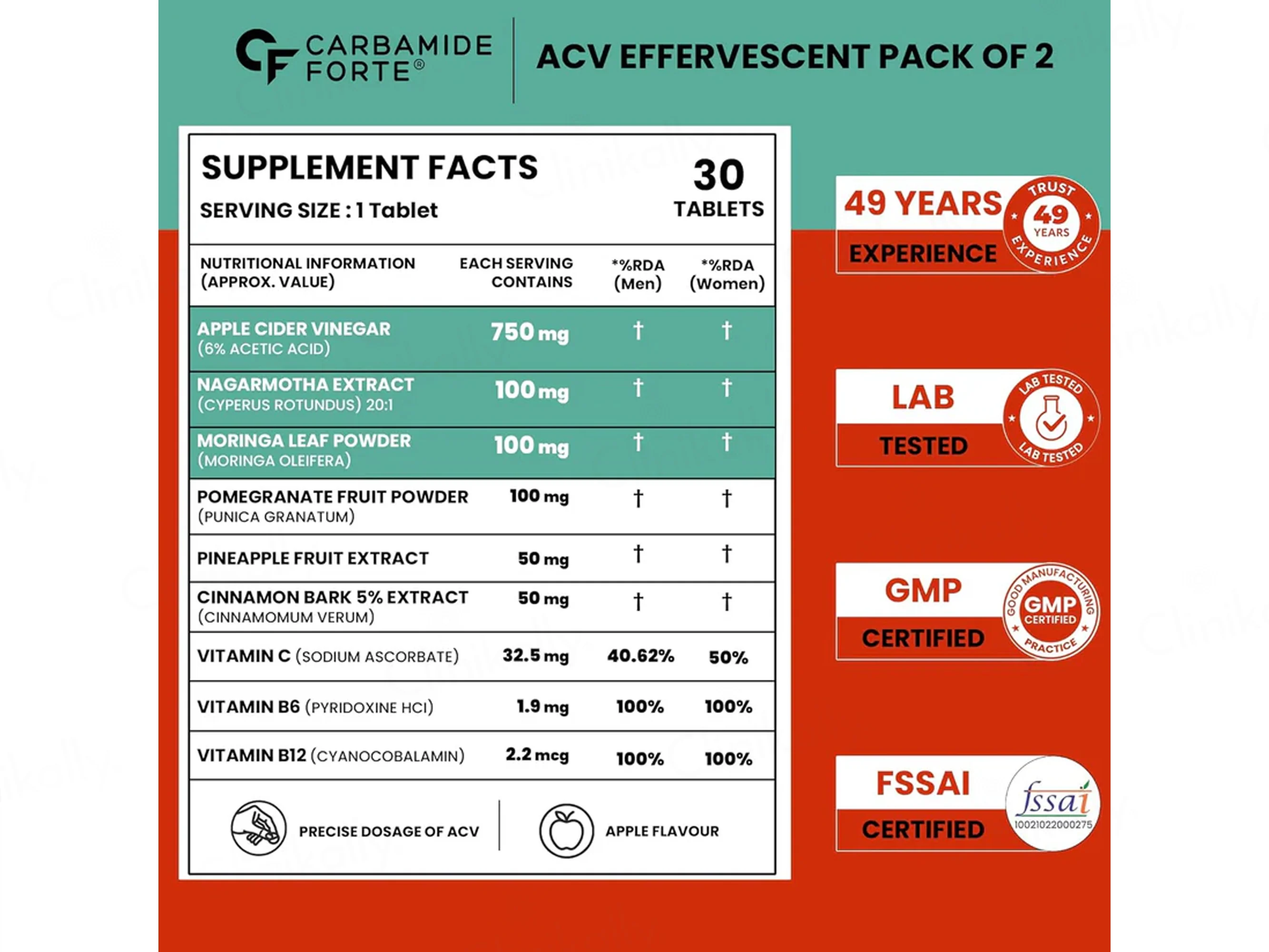 Carbamide Forte Apple Cider Vinegar Nagarmotha + Moringa Effervescent Tablet - Apple Flavour - Image 2