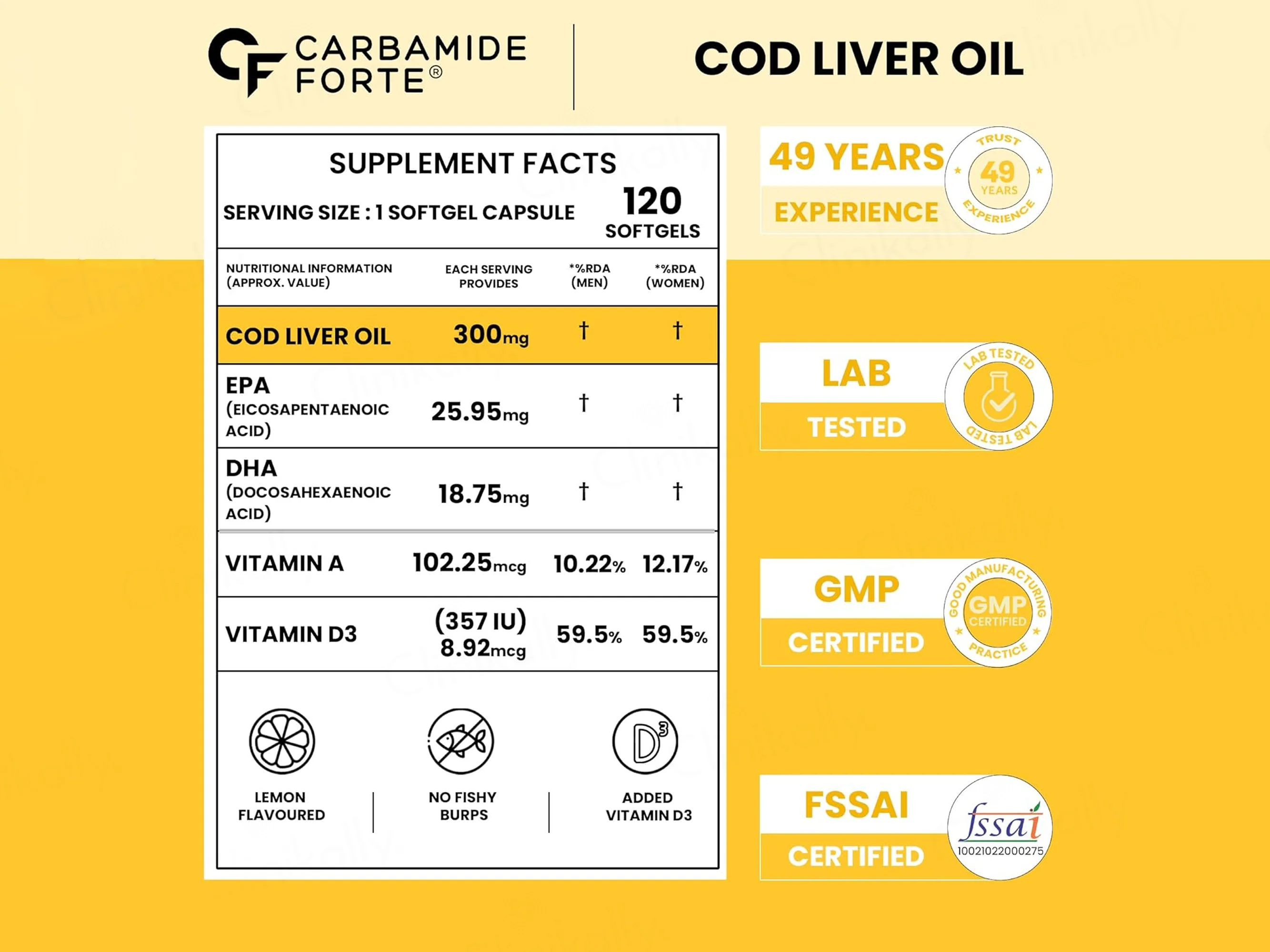 Carbamide Forte Cod Liver Oil With Vitamin A + D3 Softgel Capsule - Lemon Flavour - Image 2