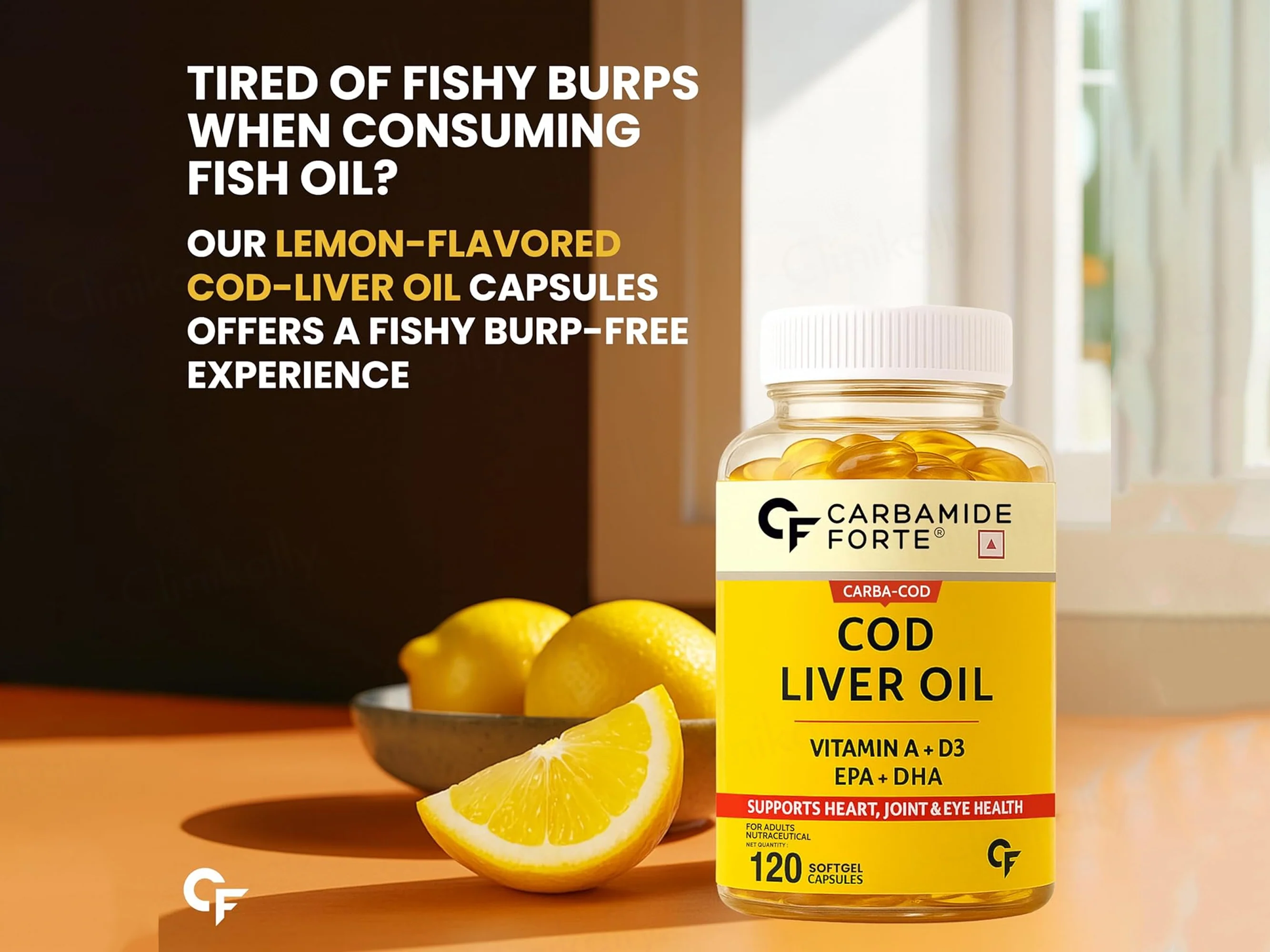 Carbamide Forte Cod Liver Oil With Vitamin A + D3 Softgel Capsule - Lemon Flavour - Image 3