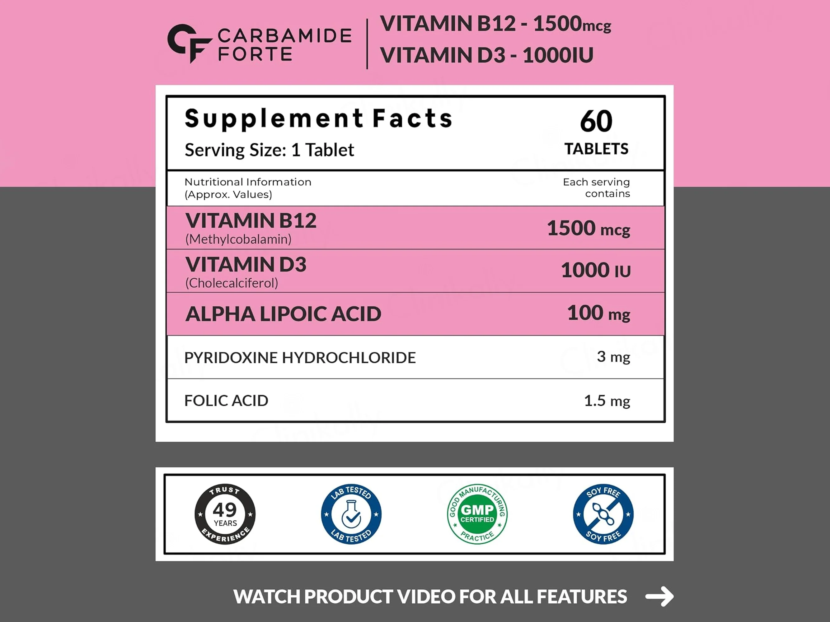 Carbamide Forte Methylcobalamin + Vitamin D3 + Folic Acid + Alpha Lipoic Acid + Pyridoxine Tablet - Image 2