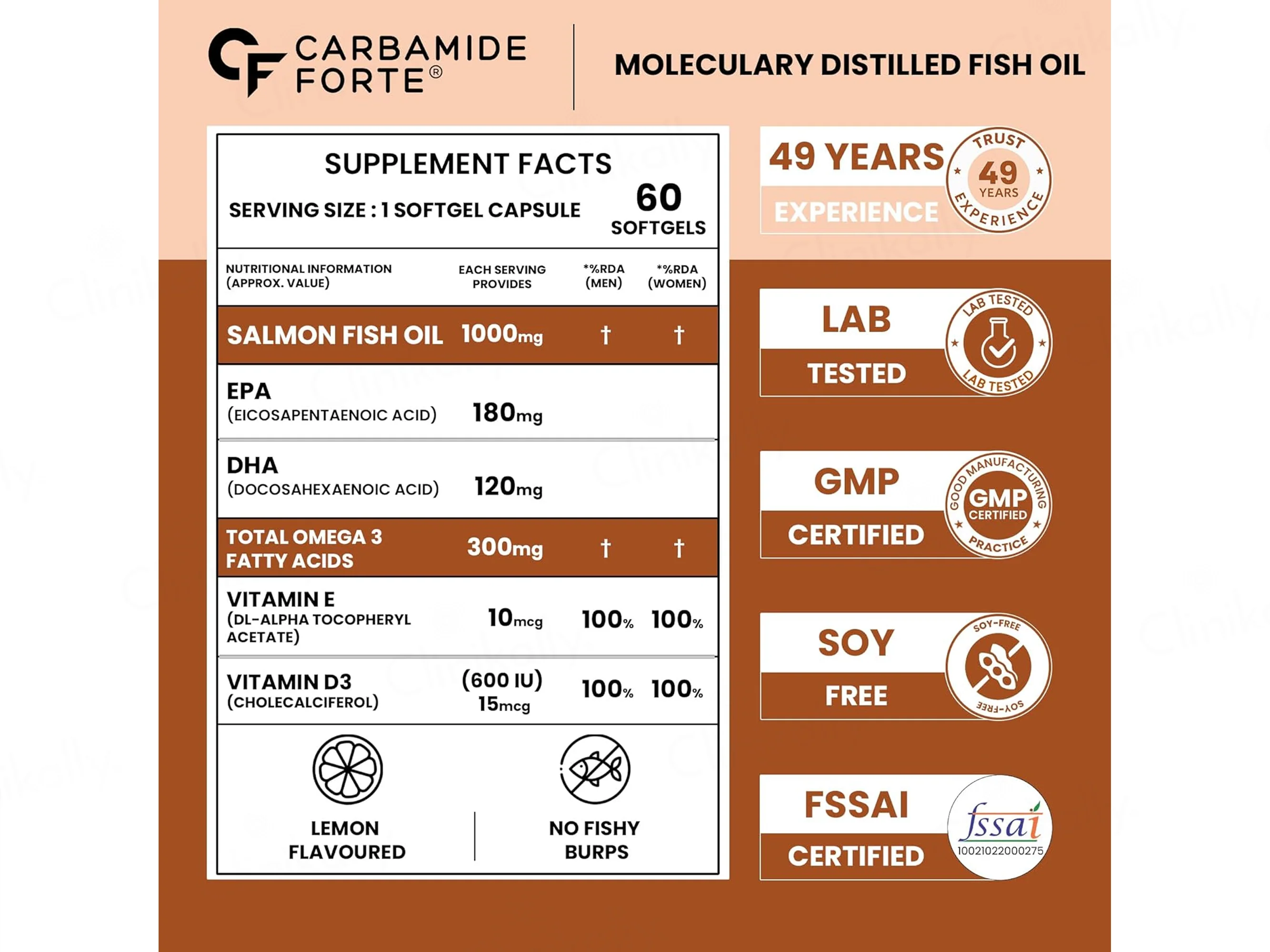 Carbamide Forte Salmon Fish Oil 1000mg With Vitamin D + Vitamin E Softgel Capsule - Image 2