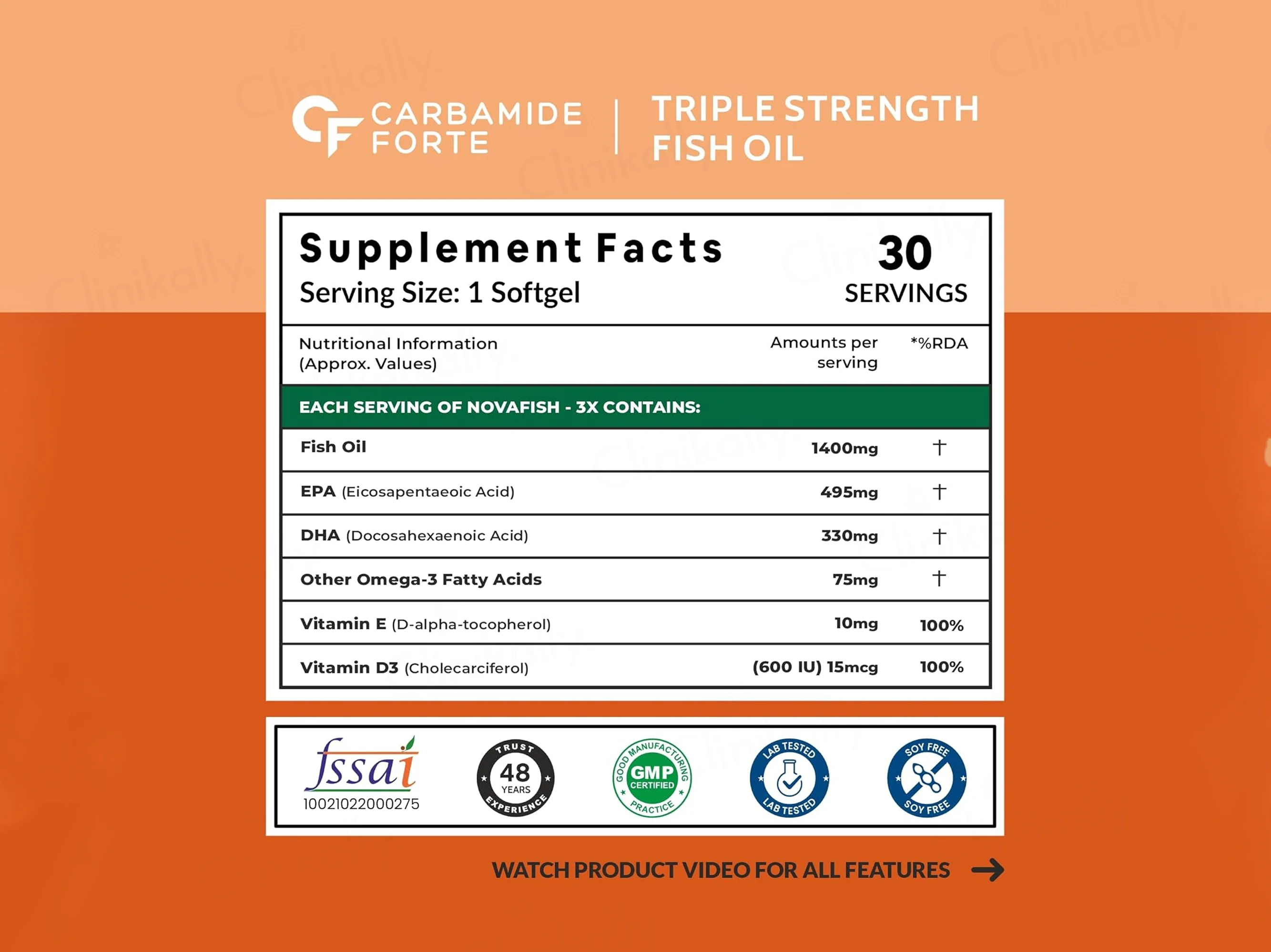Carbamide Forte Triple Strength Fish Oil 1400mg + Vitamin D3 + E Softgel Capsule - Image 2