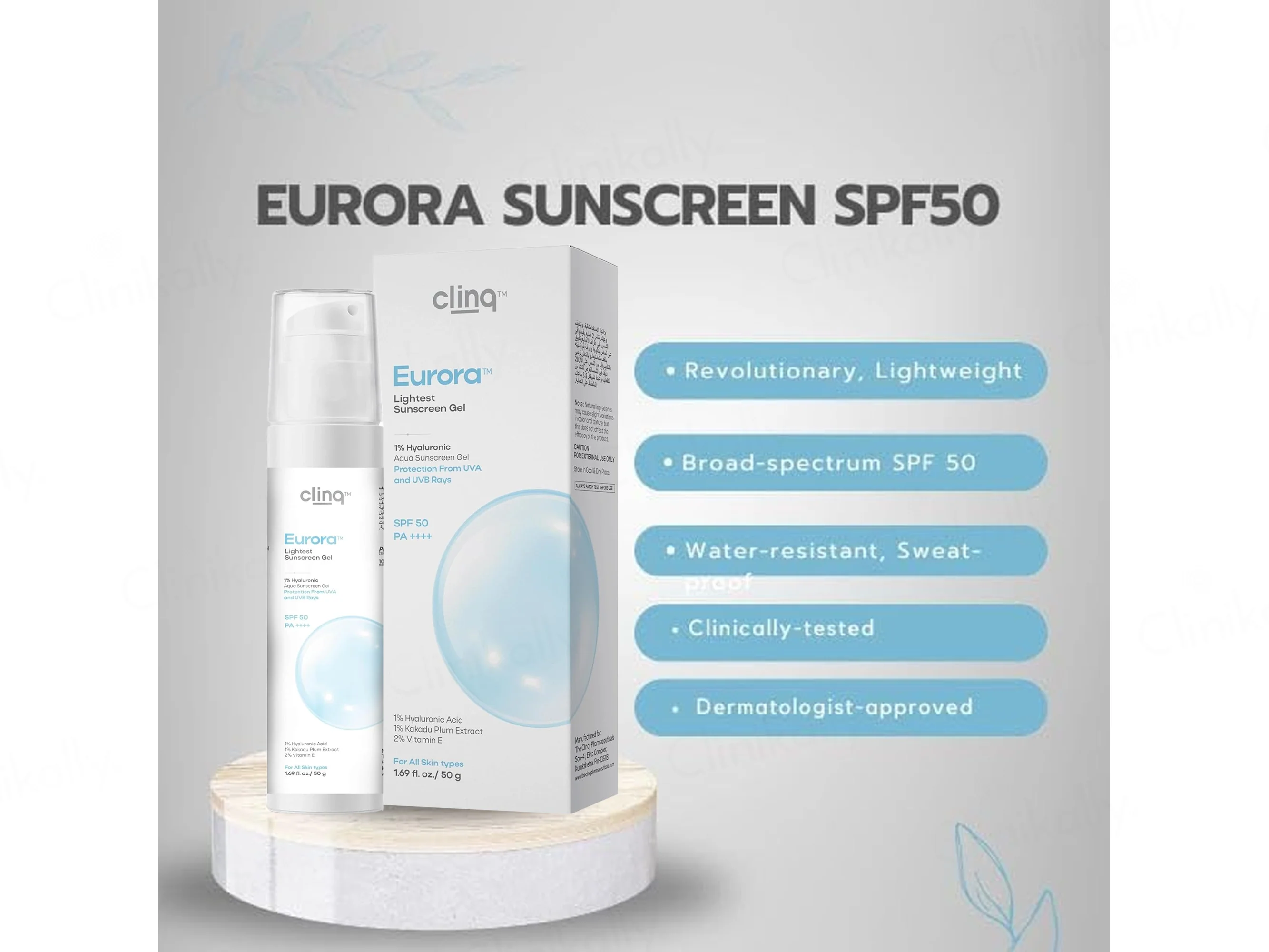 Clinq Eurora The Lightest 1% Hyaluronic Acid Aqua Sunscreen Gel SPF 50 PA++++ - Image 4
