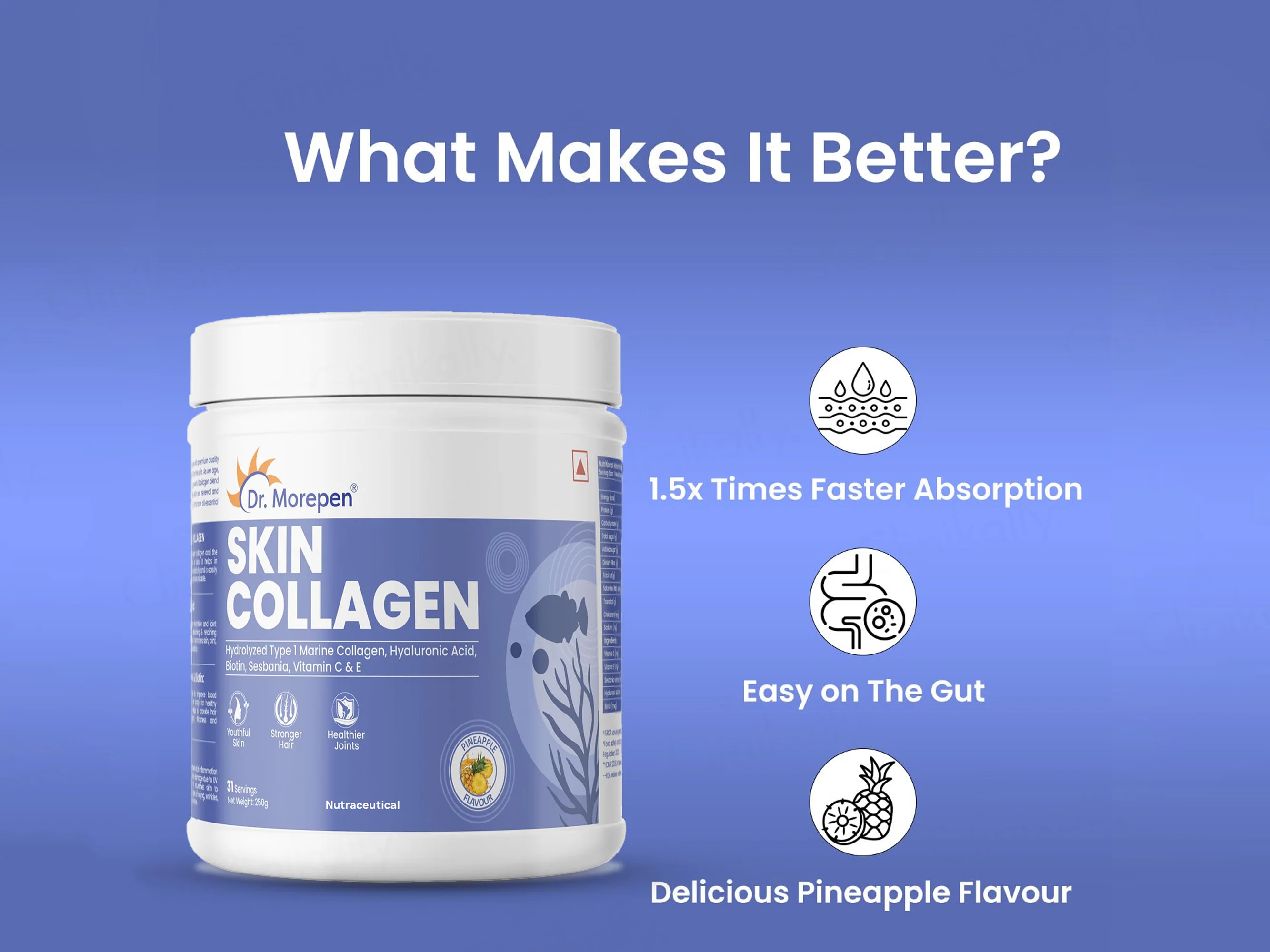 Dr. Morepen Hydrolyzed Type 1 Marine Skin Collagen Powder - Pineapple Flavour - Image 2