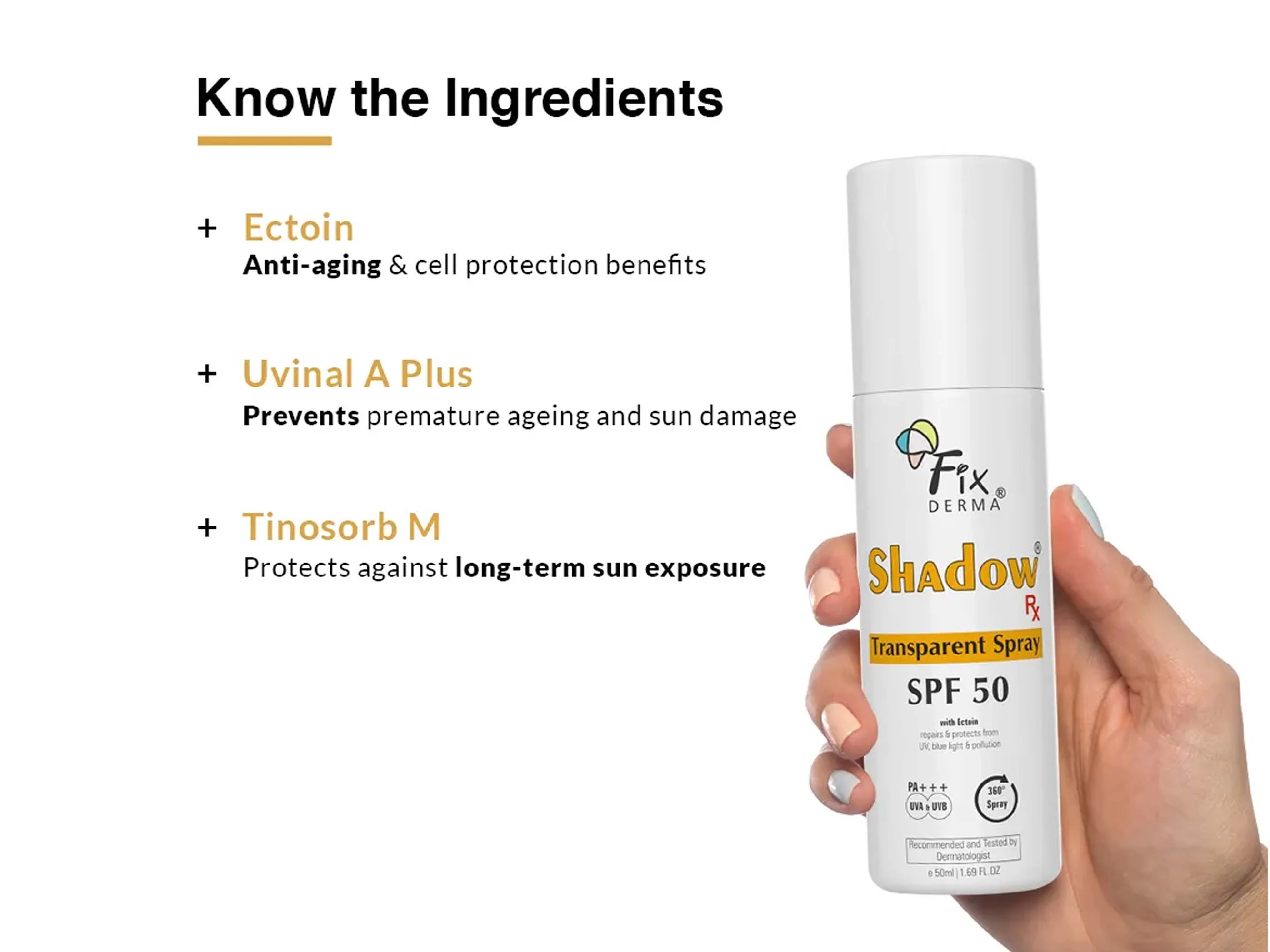 Fixderma Shadow Rx Transparent Spray Sunscreen SPF 50 PA+++ - Image 3