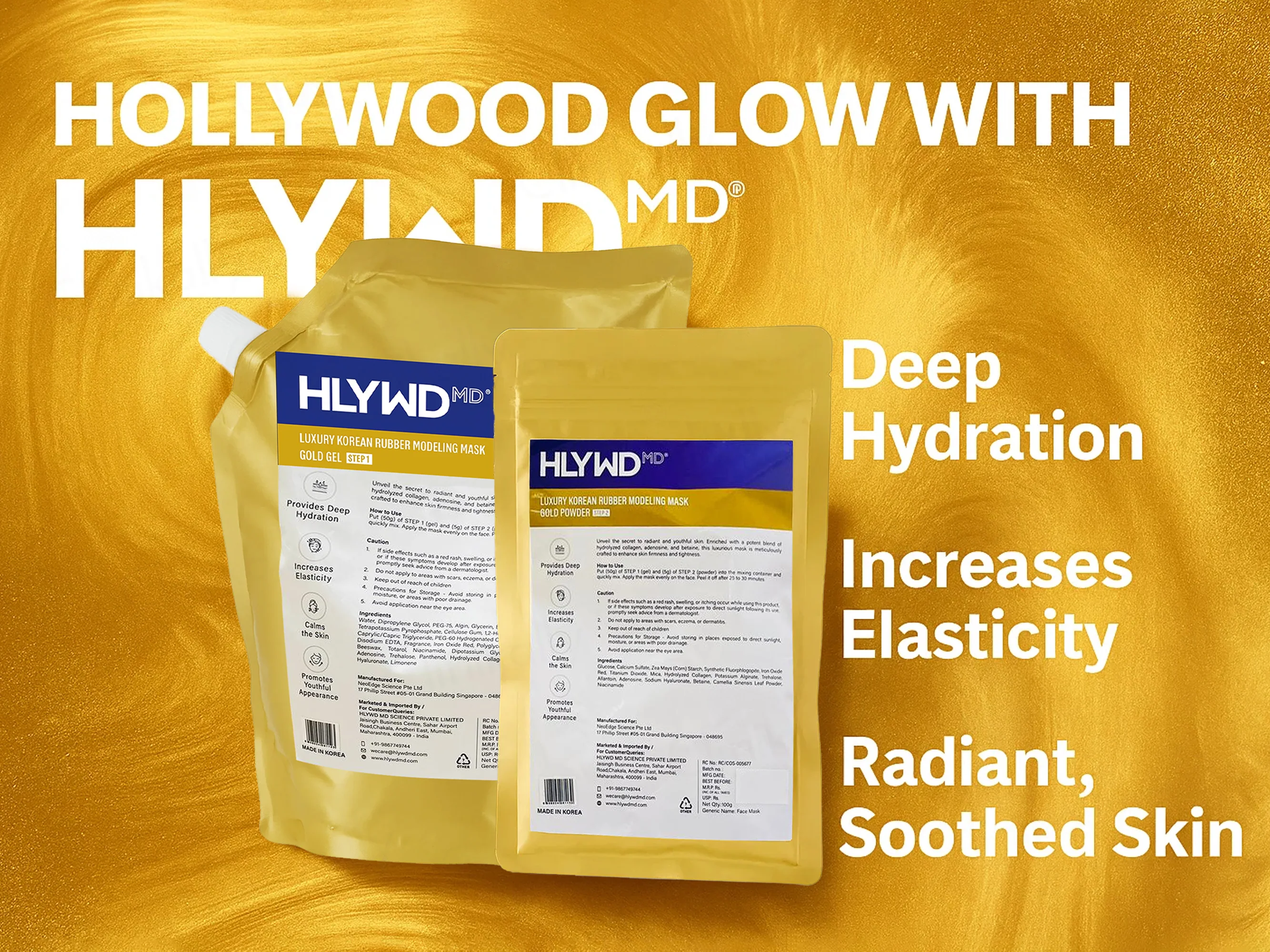 HLYWD MD Luxury Korean Rubber Modeling Mask Gold Gel (Step 1) + Powder (Step 2) Combo Kit - Image 2