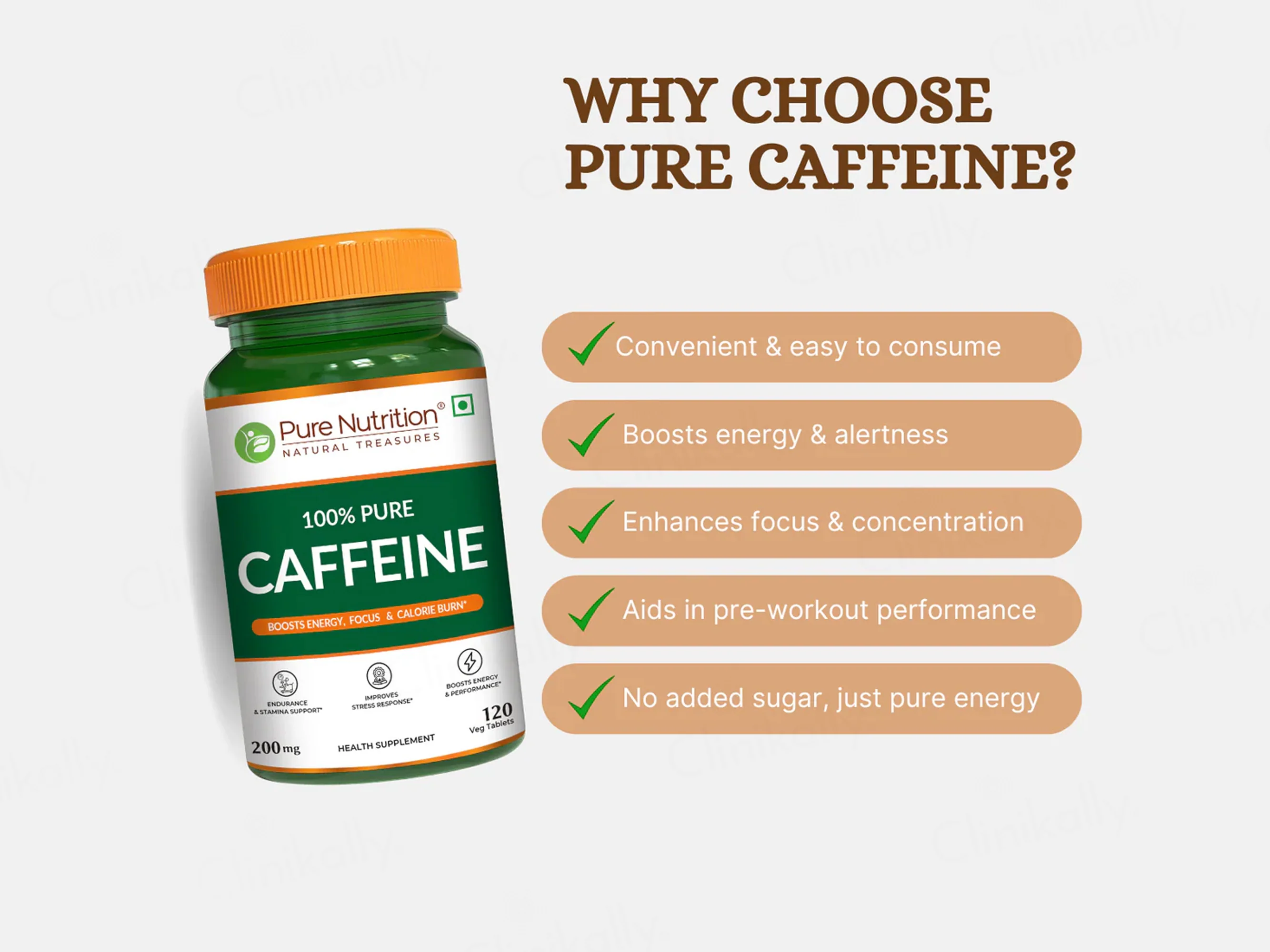 Pure Nutrition 100% Pure Caffeine 200mg Veg Tablet - Image 2