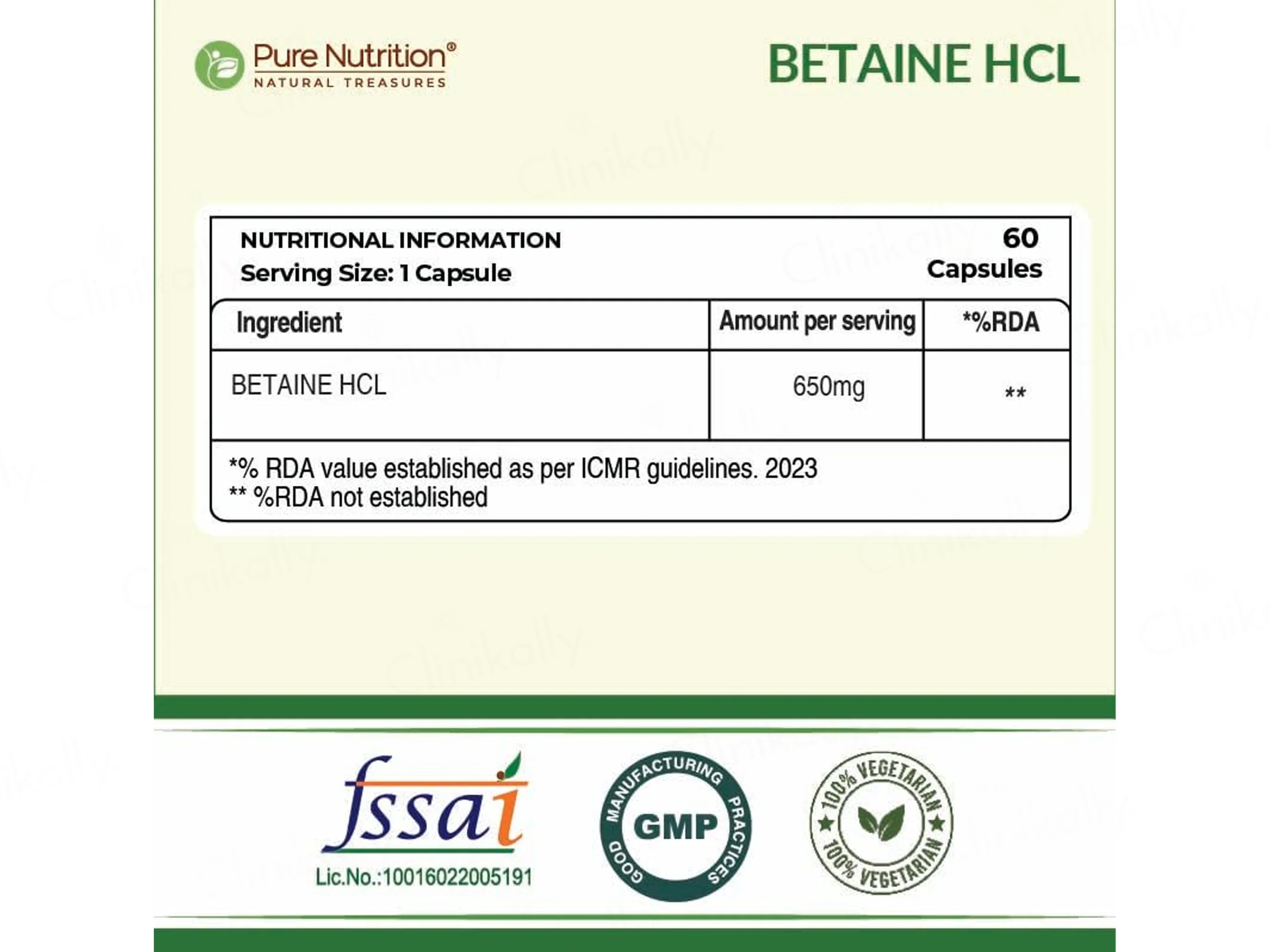 Pure Nutrition Betaine HCL 650mg Veg Capsule - Image 2