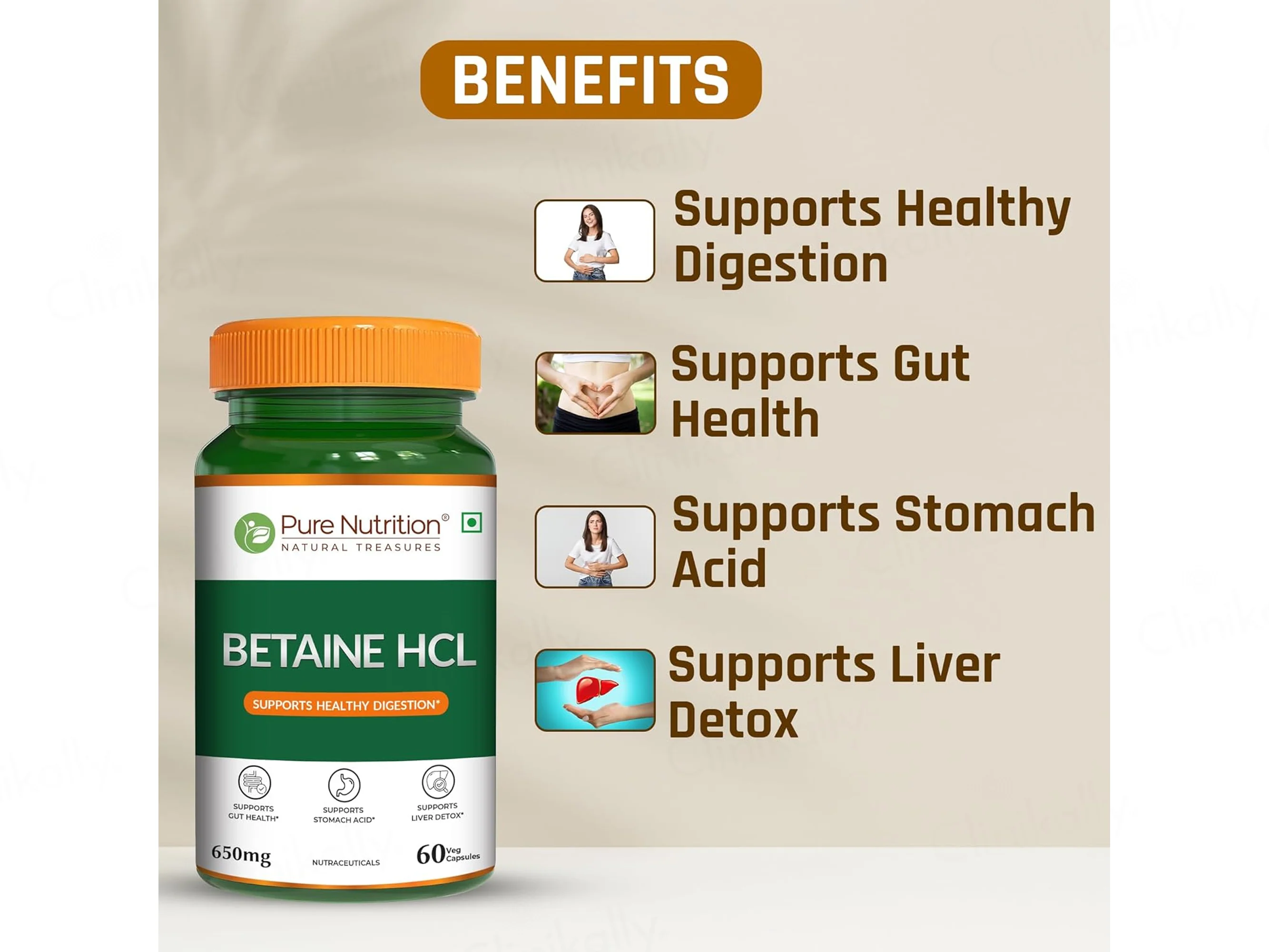 Pure Nutrition Betaine HCL 650mg Veg Capsule - Image 3