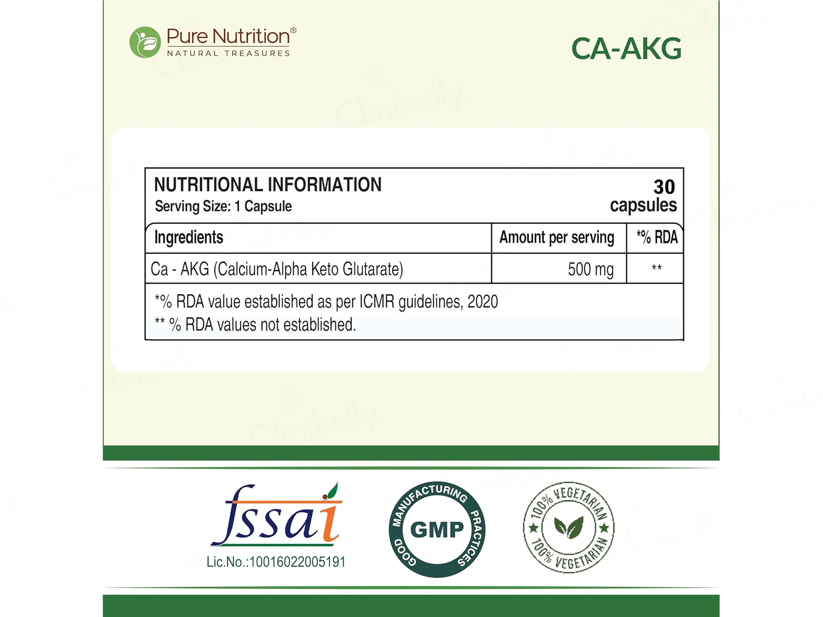 Pure Nutrition Ca-AKG 500mg Veg Capsule - Image 2