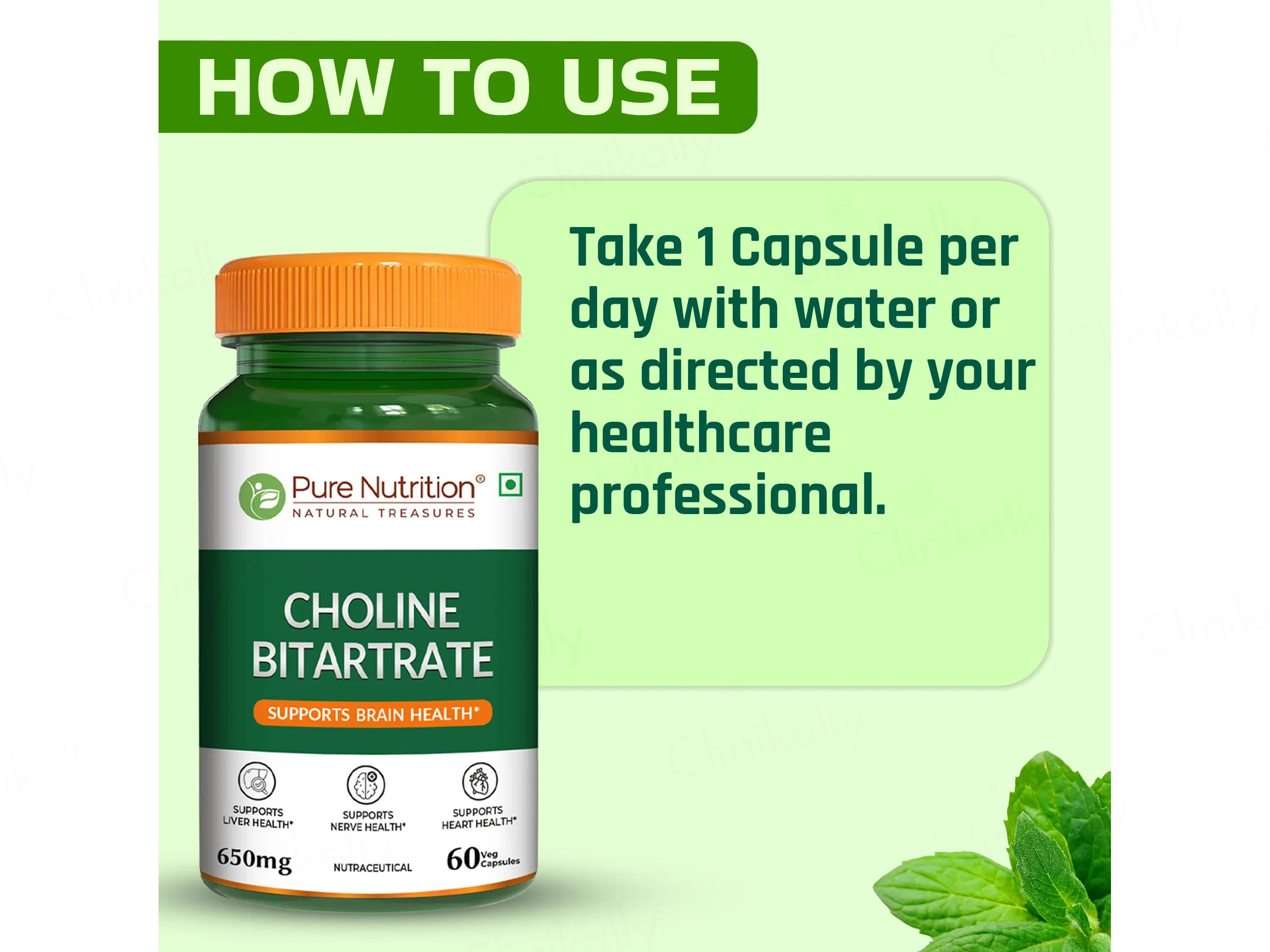 Pure Nutrition Choline Bitartrate 650mg Veg Capsule - Image 5