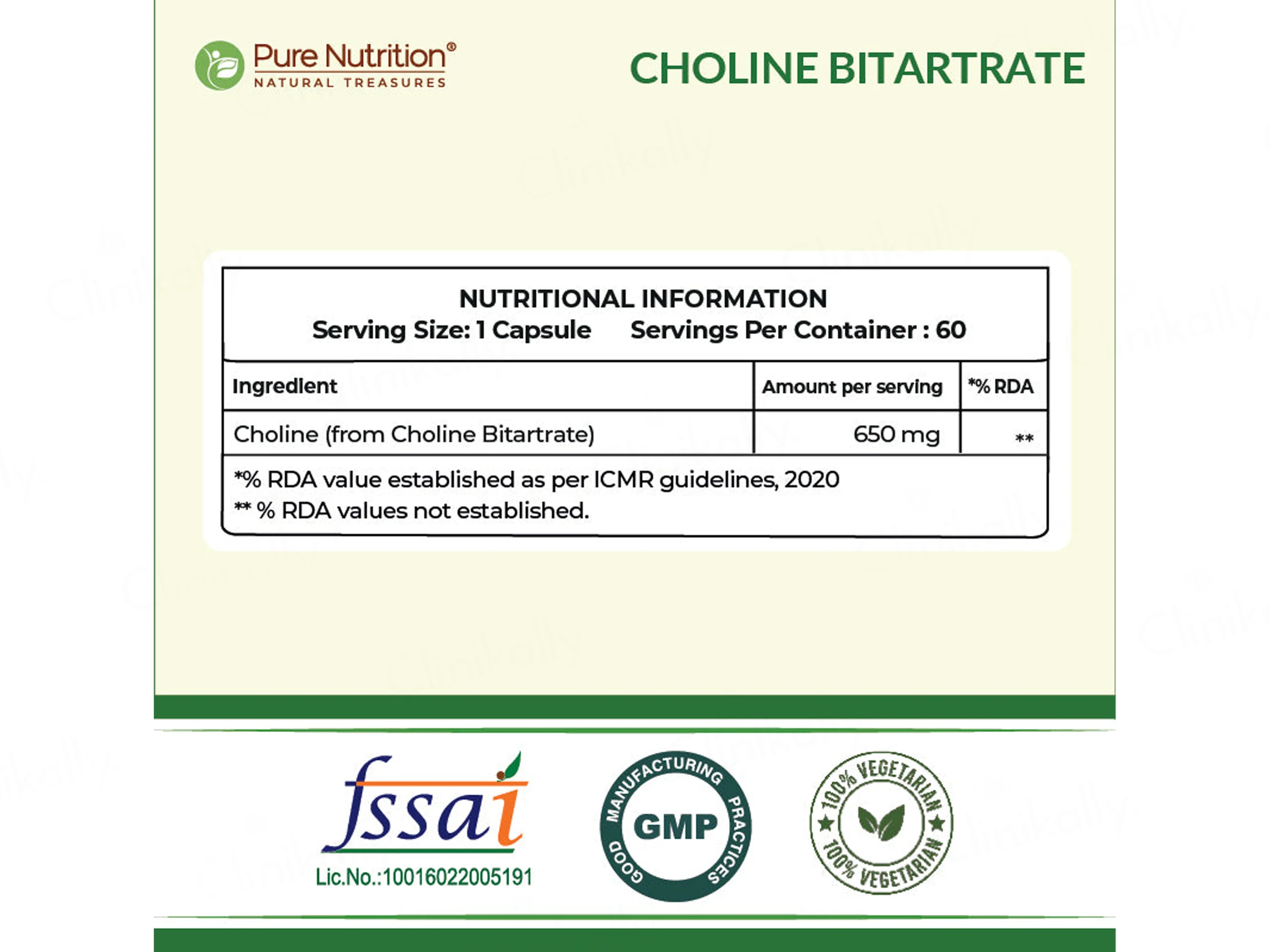 Pure Nutrition Choline Bitartrate 650mg Veg Capsule - Image 7