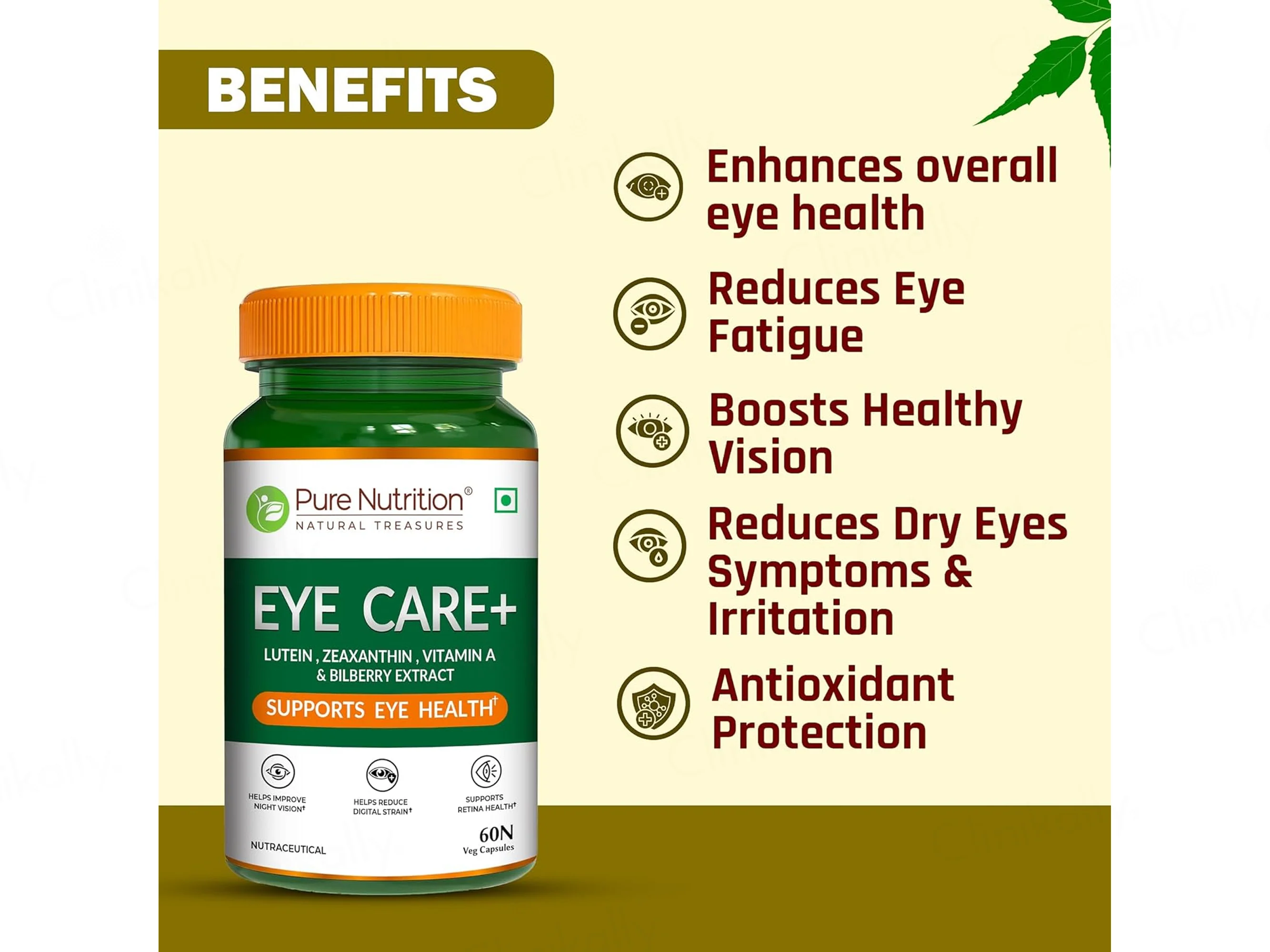 Pure Nutrition Eye Care+ With Lutein, Zeaxanthin, Vitamin A & Bilberry Veg Capsule - Image 2