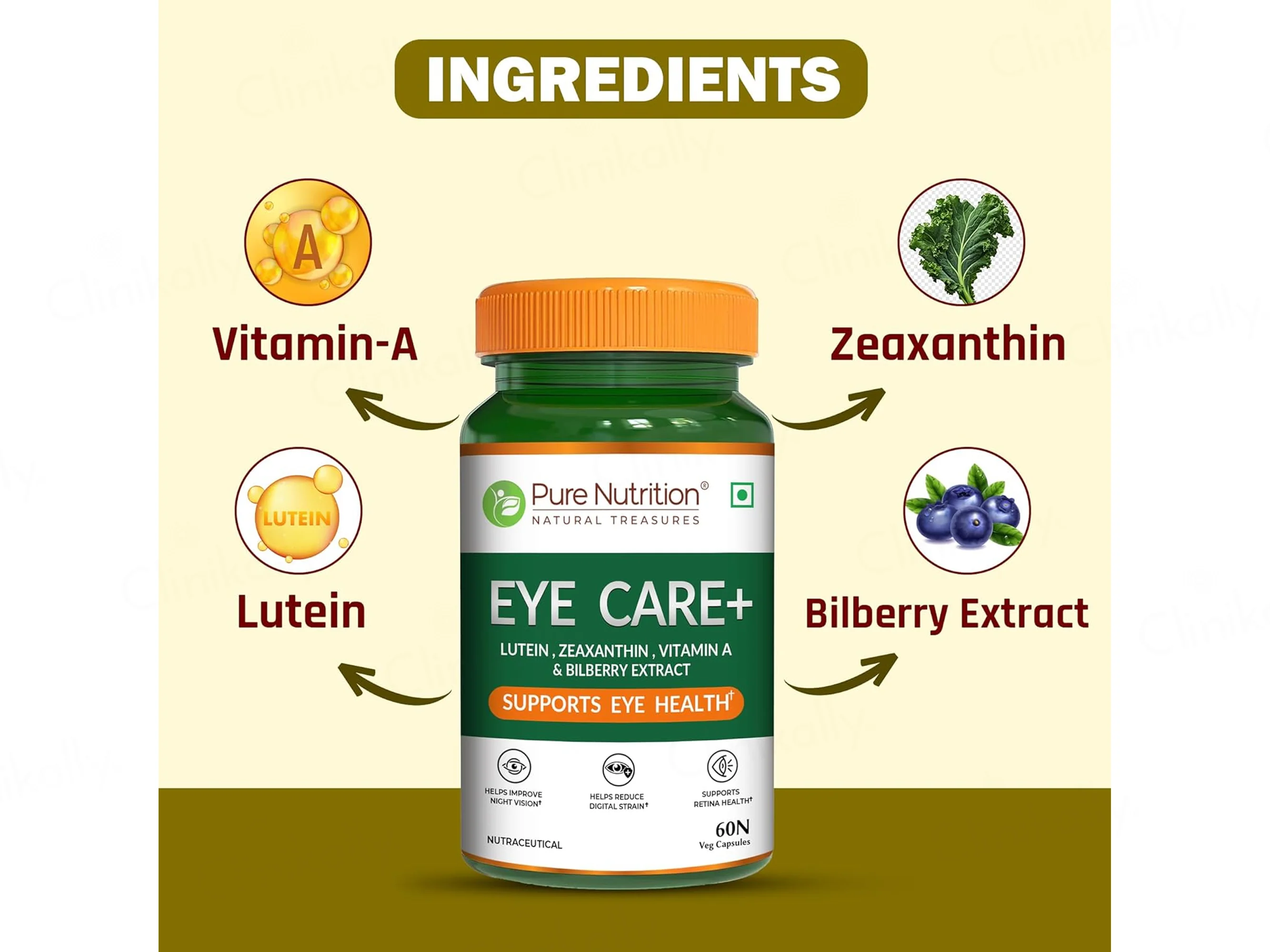 Pure Nutrition Eye Care+ With Lutein, Zeaxanthin, Vitamin A & Bilberry Veg Capsule - Image 3