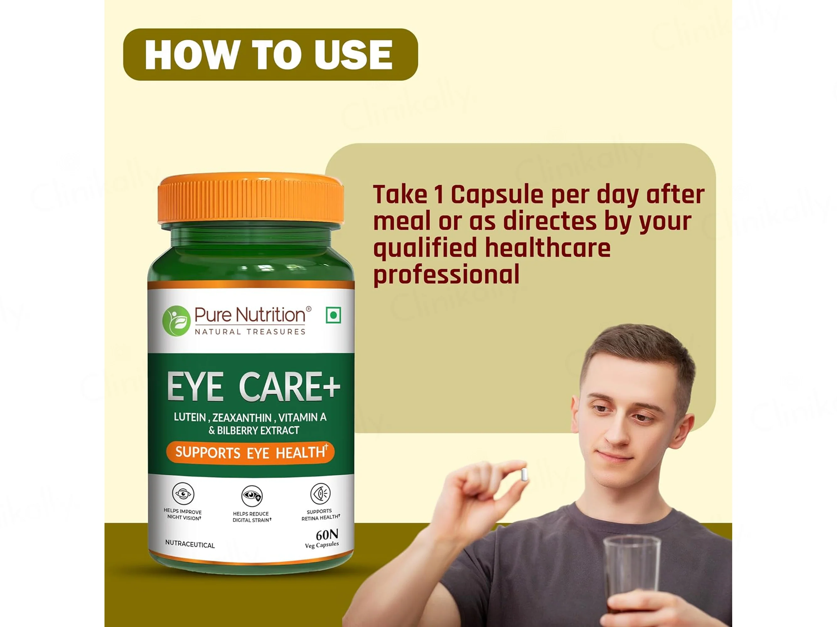 Pure Nutrition Eye Care+ With Lutein, Zeaxanthin, Vitamin A & Bilberry Veg Capsule - Image 4