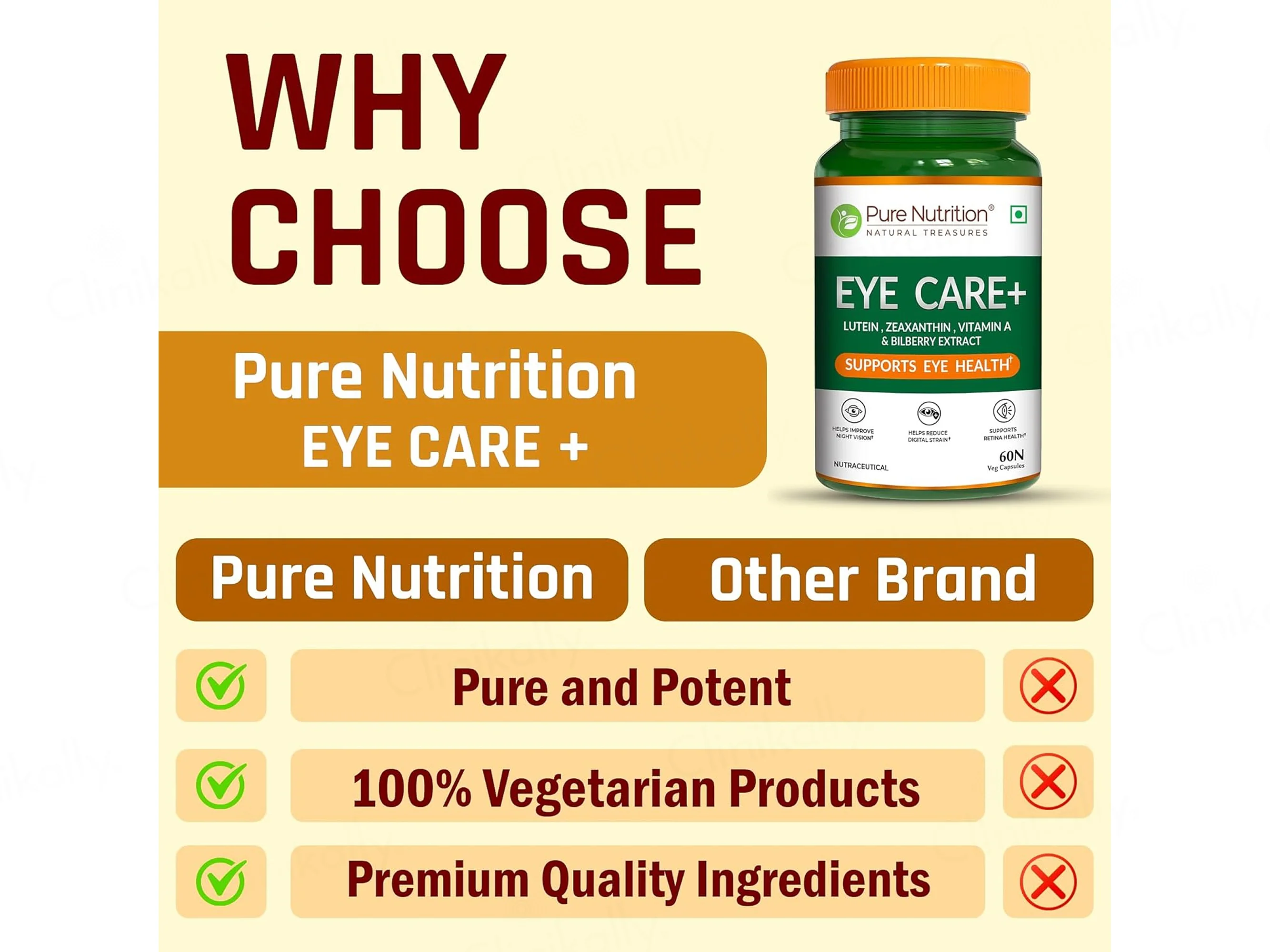 Pure Nutrition Eye Care+ With Lutein, Zeaxanthin, Vitamin A & Bilberry Veg Capsule - Image 5