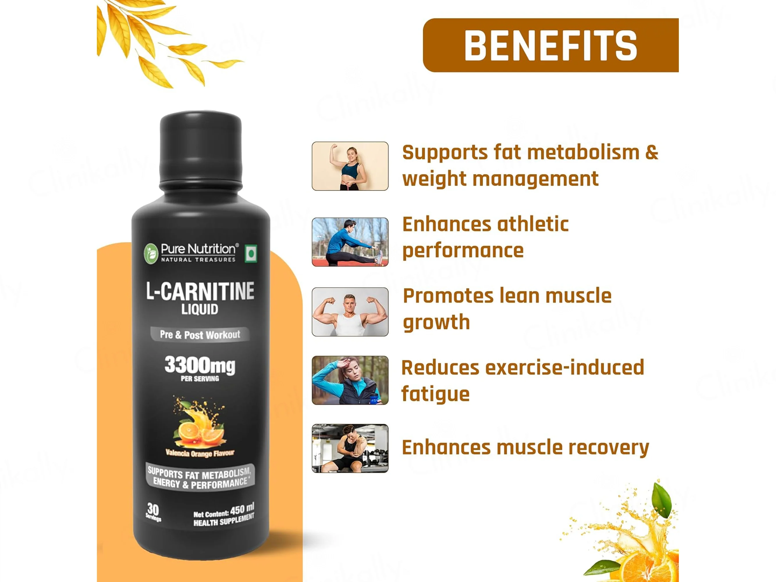 Pure Nutrition L-Carnitine 3300mg Pre & Post Workout Liquid - Valencia Orange Flavour - Image 2