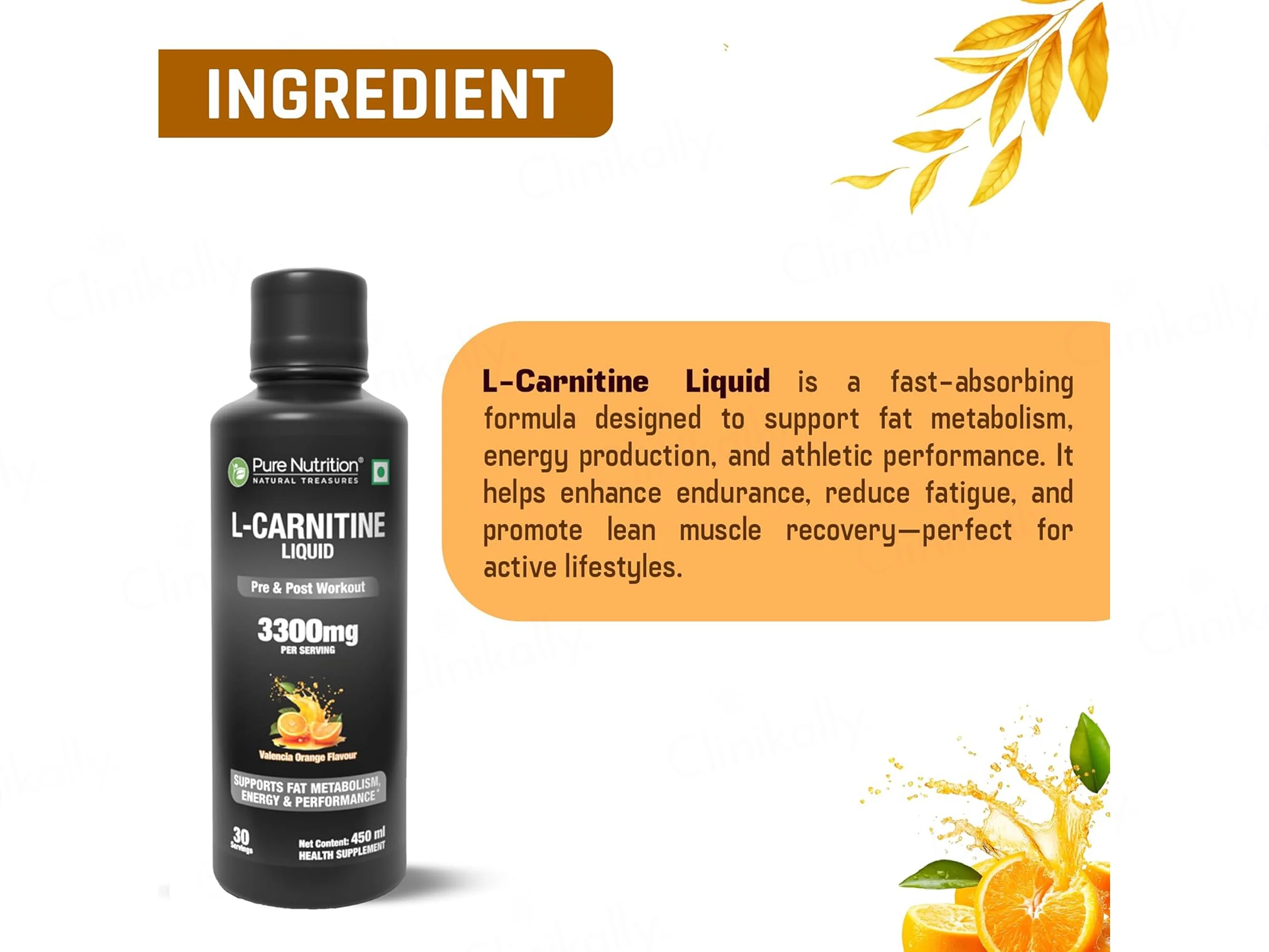 Pure Nutrition L-Carnitine 3300mg Pre & Post Workout Liquid - Valencia Orange Flavour - Image 3