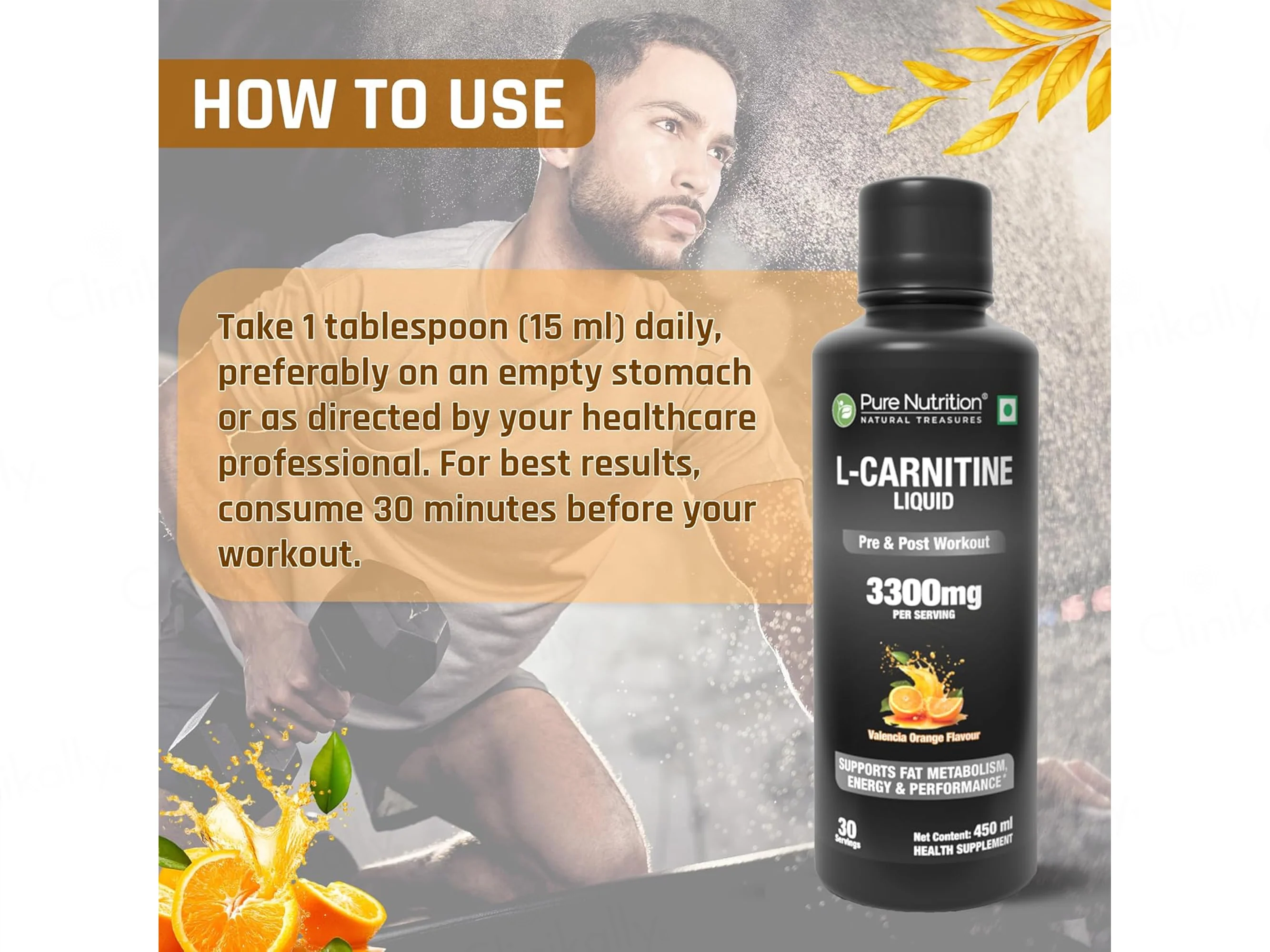 Pure Nutrition L-Carnitine 3300mg Pre & Post Workout Liquid - Valencia Orange Flavour - Image 4