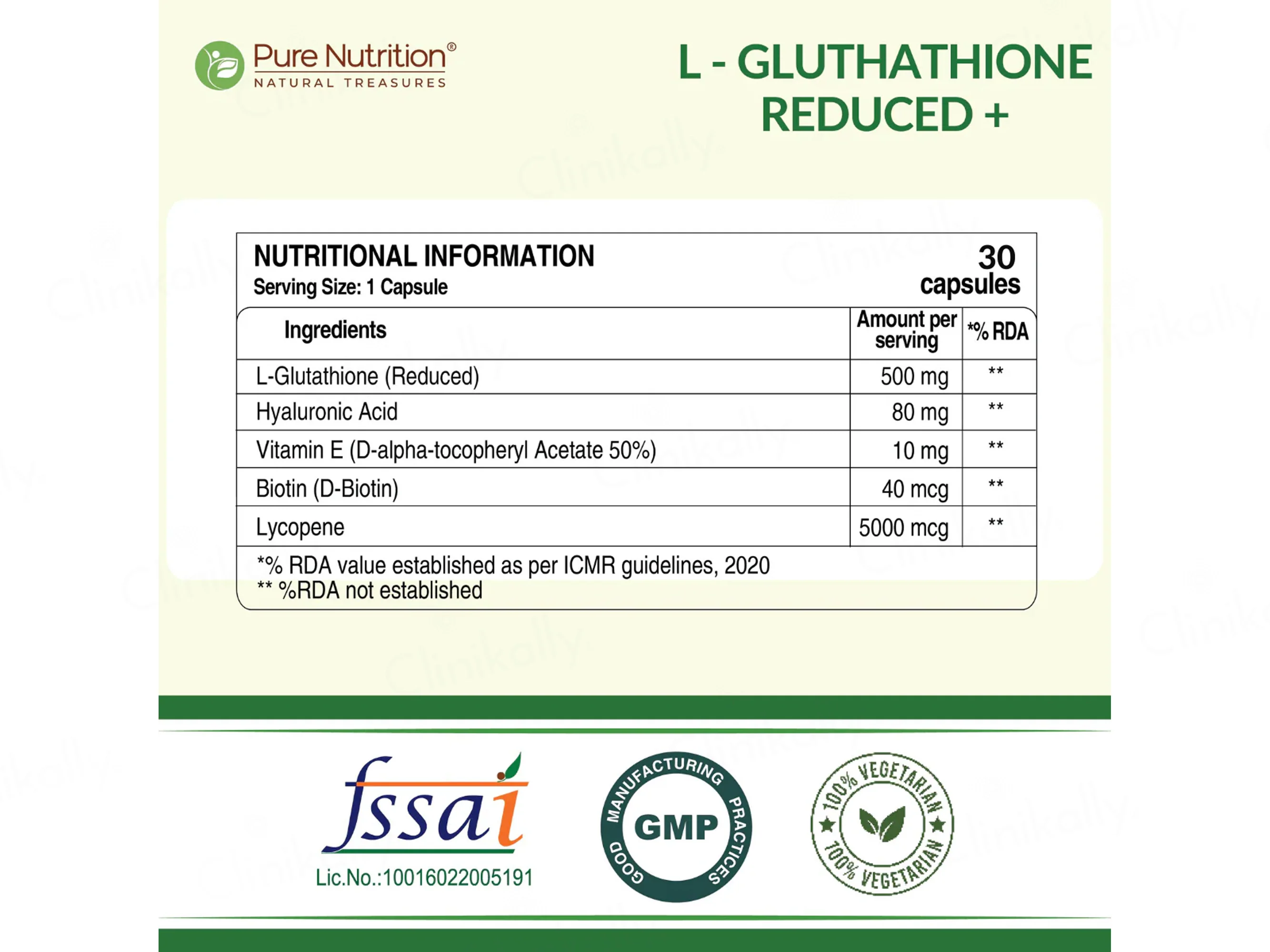 Pure Nutrition L-Glutathione Reduced+ with Hyaluronic Acid, Vitamin E, Biotin Veg Capsule - Image 2