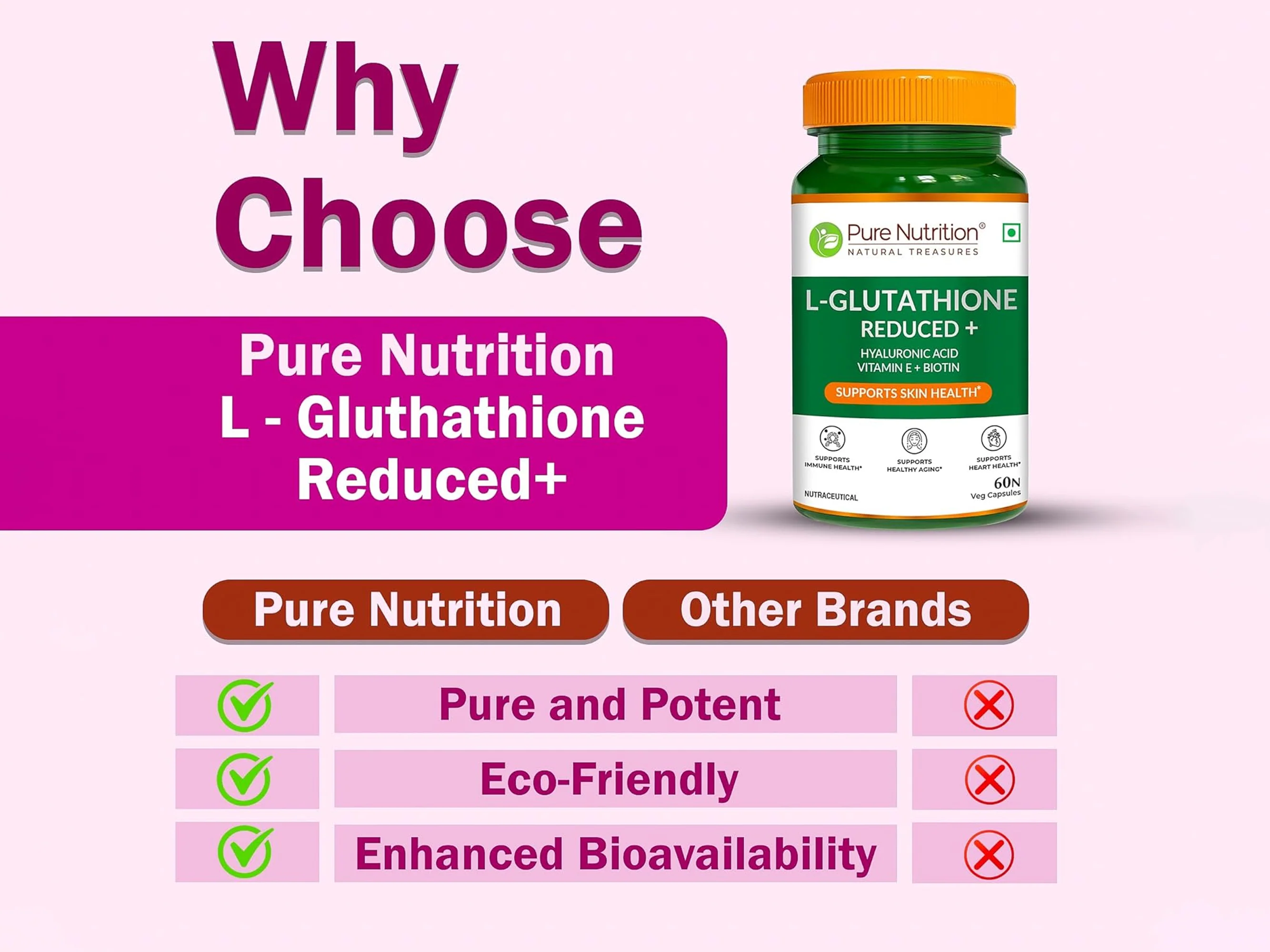 Pure Nutrition L-Glutathione Reduced+ with Hyaluronic Acid, Vitamin E, Biotin Veg Capsule - Image 6