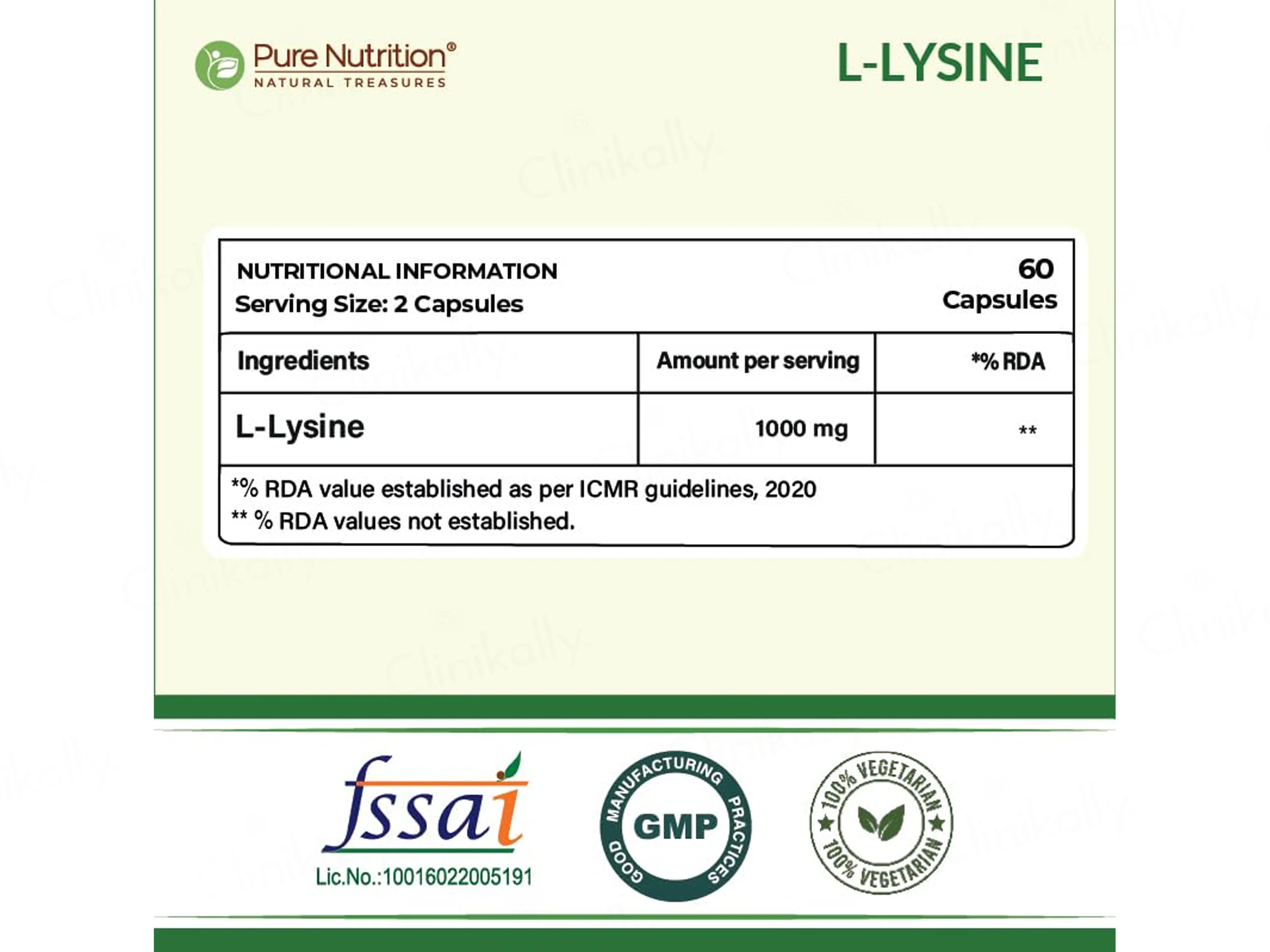 Pure Nutrition L-Lysine 1000mg Veg Capsule - Image 2