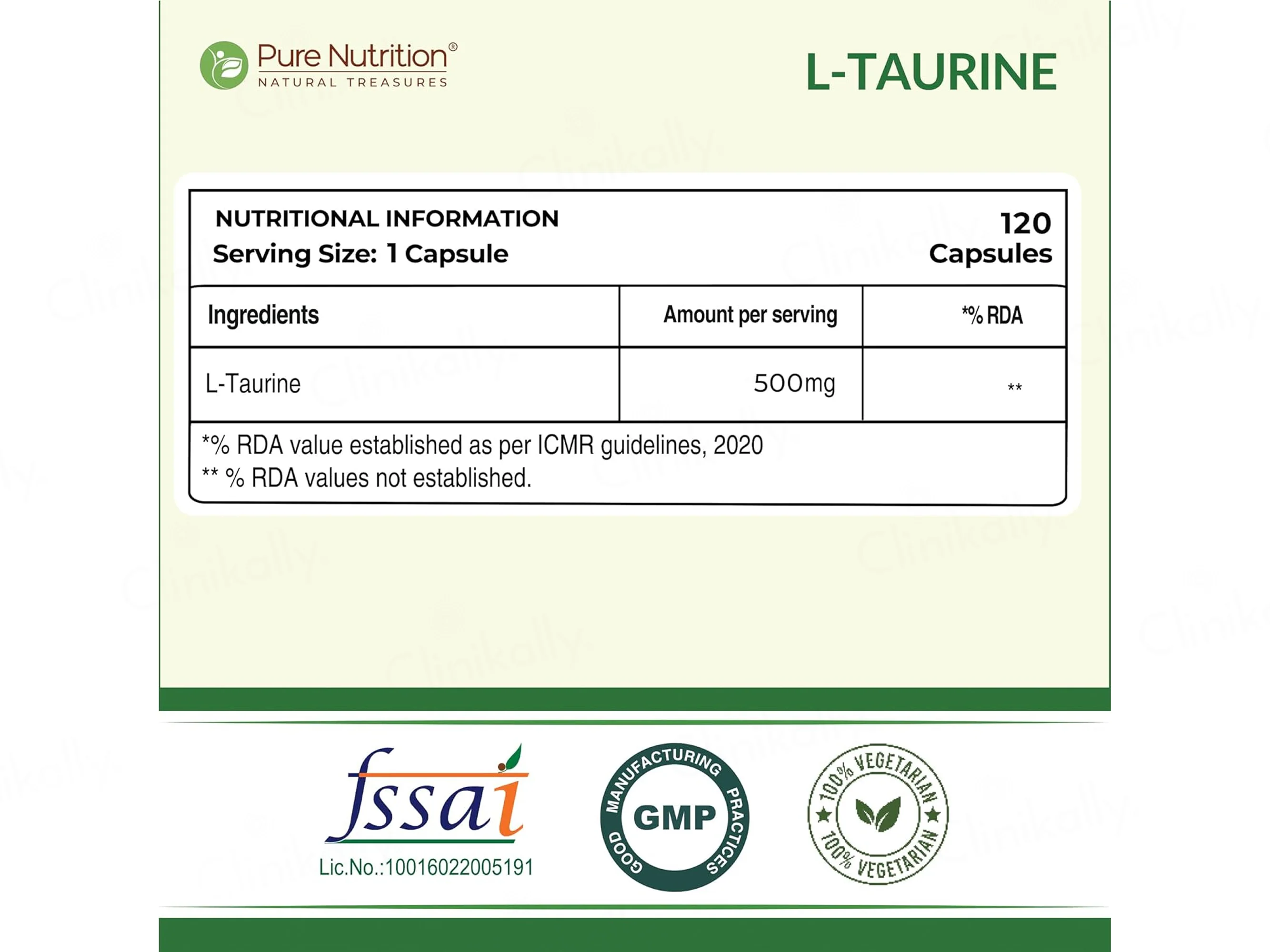 Pure Nutrition L-Taurine 500mg Veg Capsule - Image 2