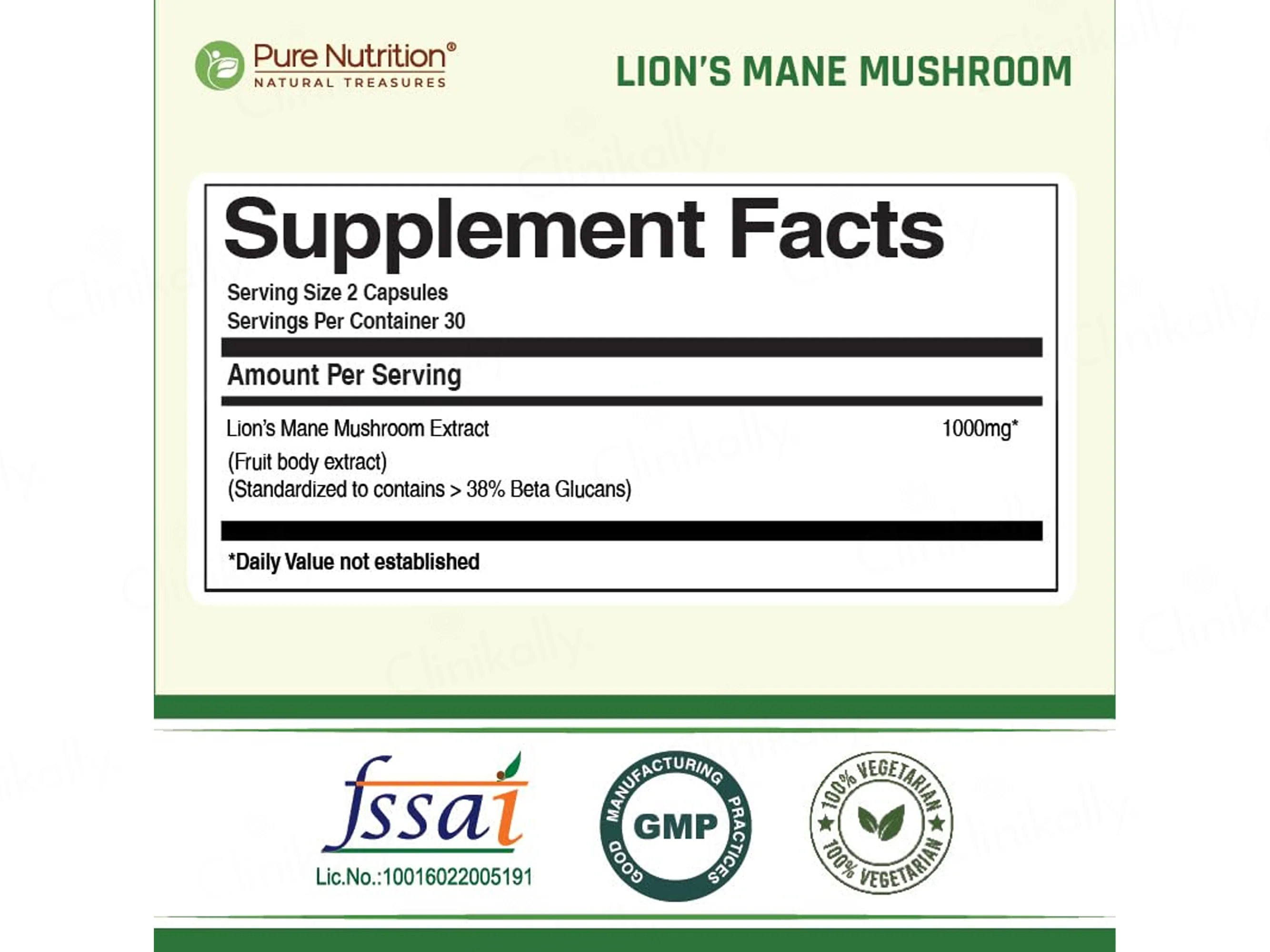 Pure Nutrition Lion's Mane Mushroom Extract 1000mg Veg Capsule - Image 2