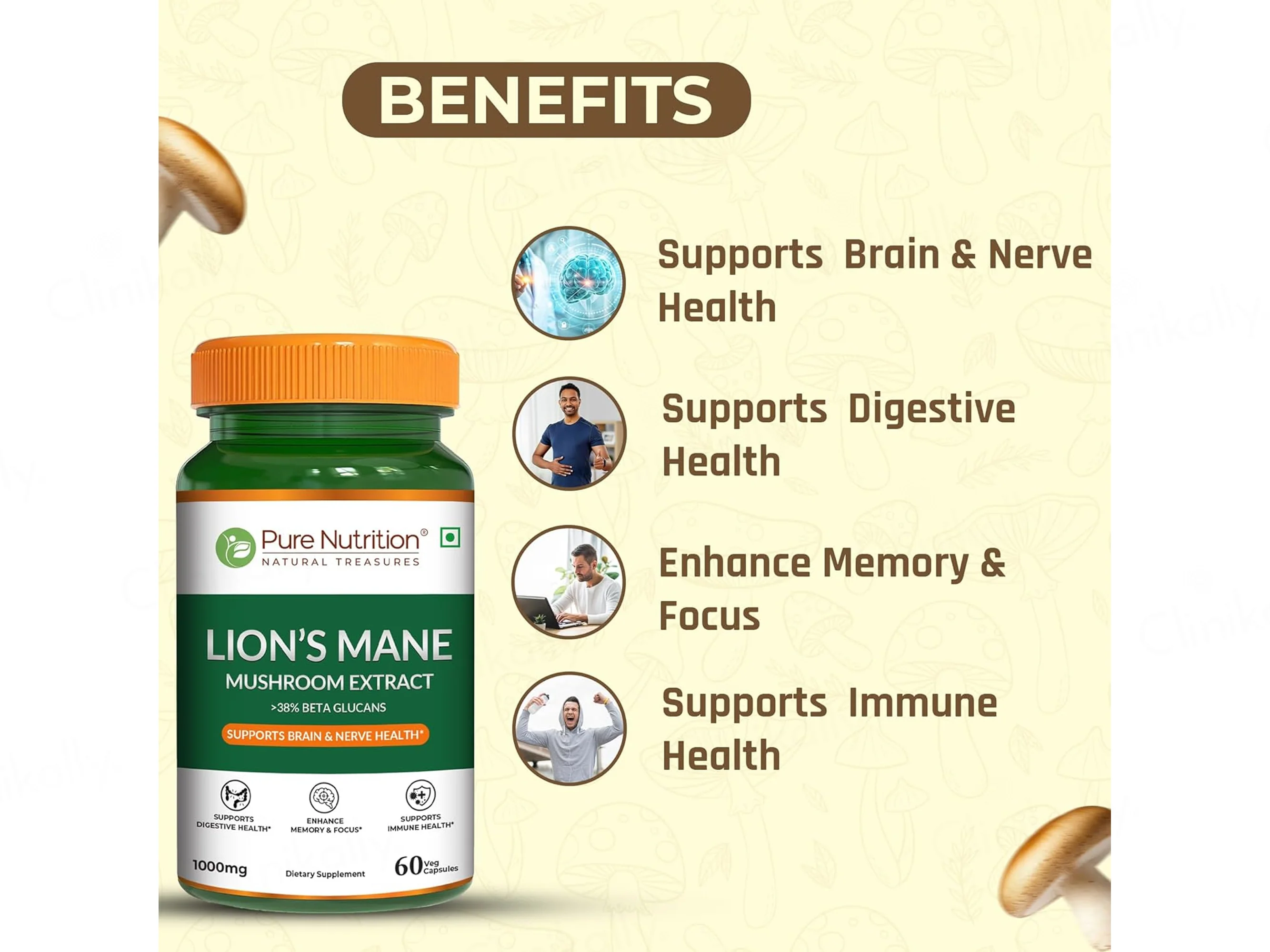 Pure Nutrition Lion's Mane Mushroom Extract 1000mg Veg Capsule - Image 3