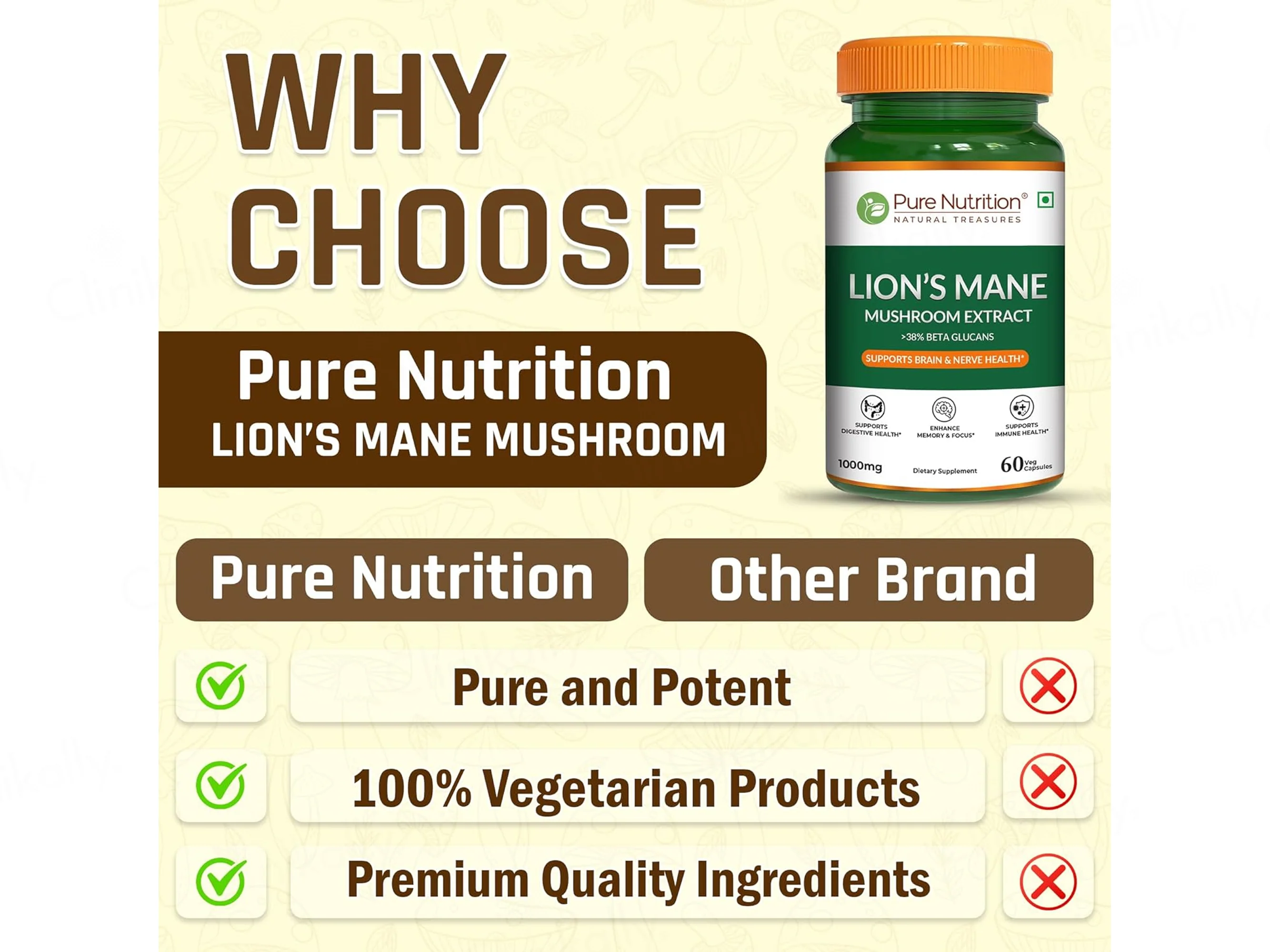 Pure Nutrition Lion's Mane Mushroom Extract 1000mg Veg Capsule - Image 6
