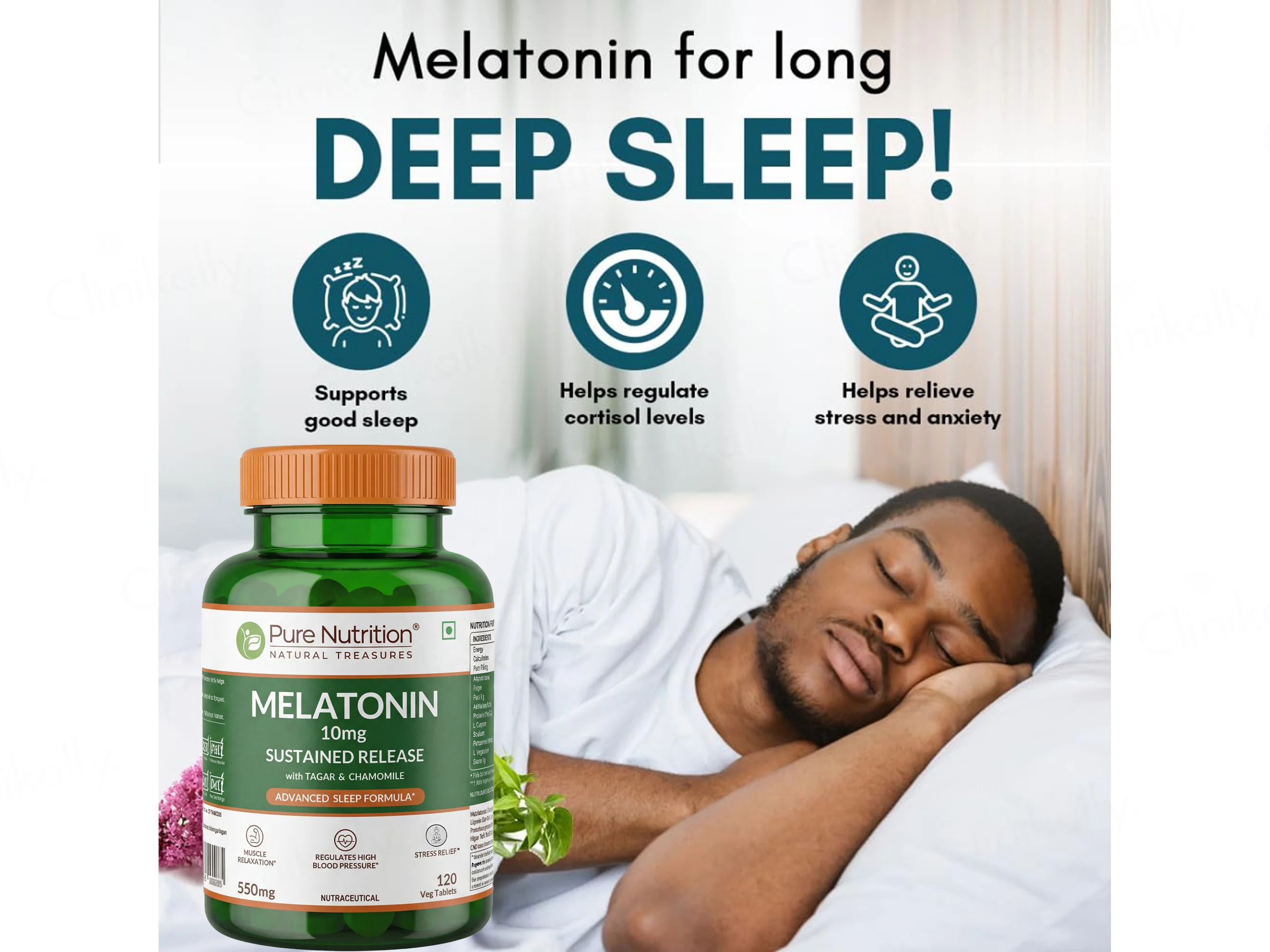 Pure Nutrition Melatonin 10mg + Tagar 250mg & Chamomile Sleep Tablet - Image 2