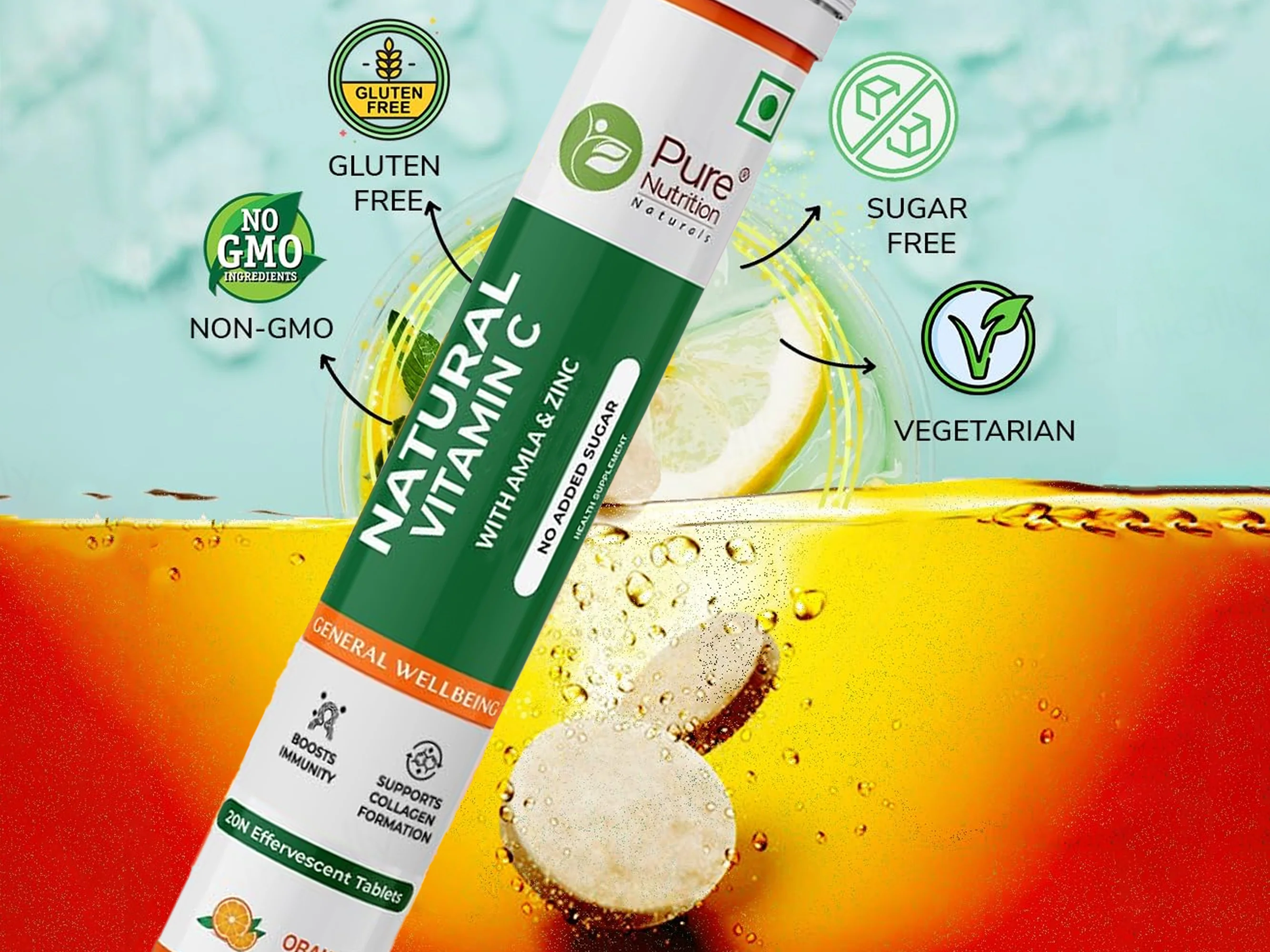 Pure Nutrition Natural Vitamin C With Amla & Zinc Effervescent Tablet - Orange Flavour - Image 5