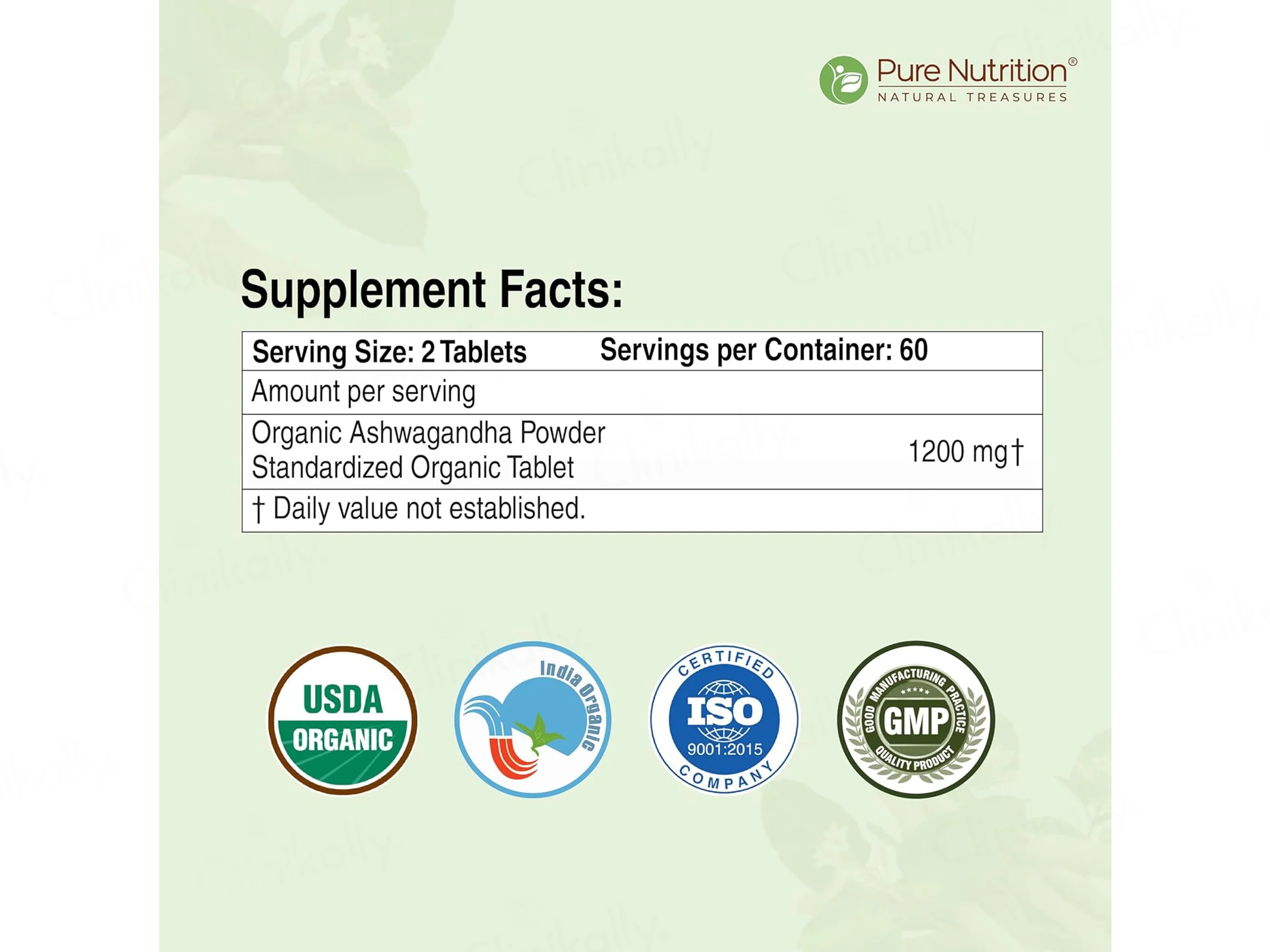 Pure Nutrition Organic Ashwagandha 1200mg Veg Tablet - Image 3