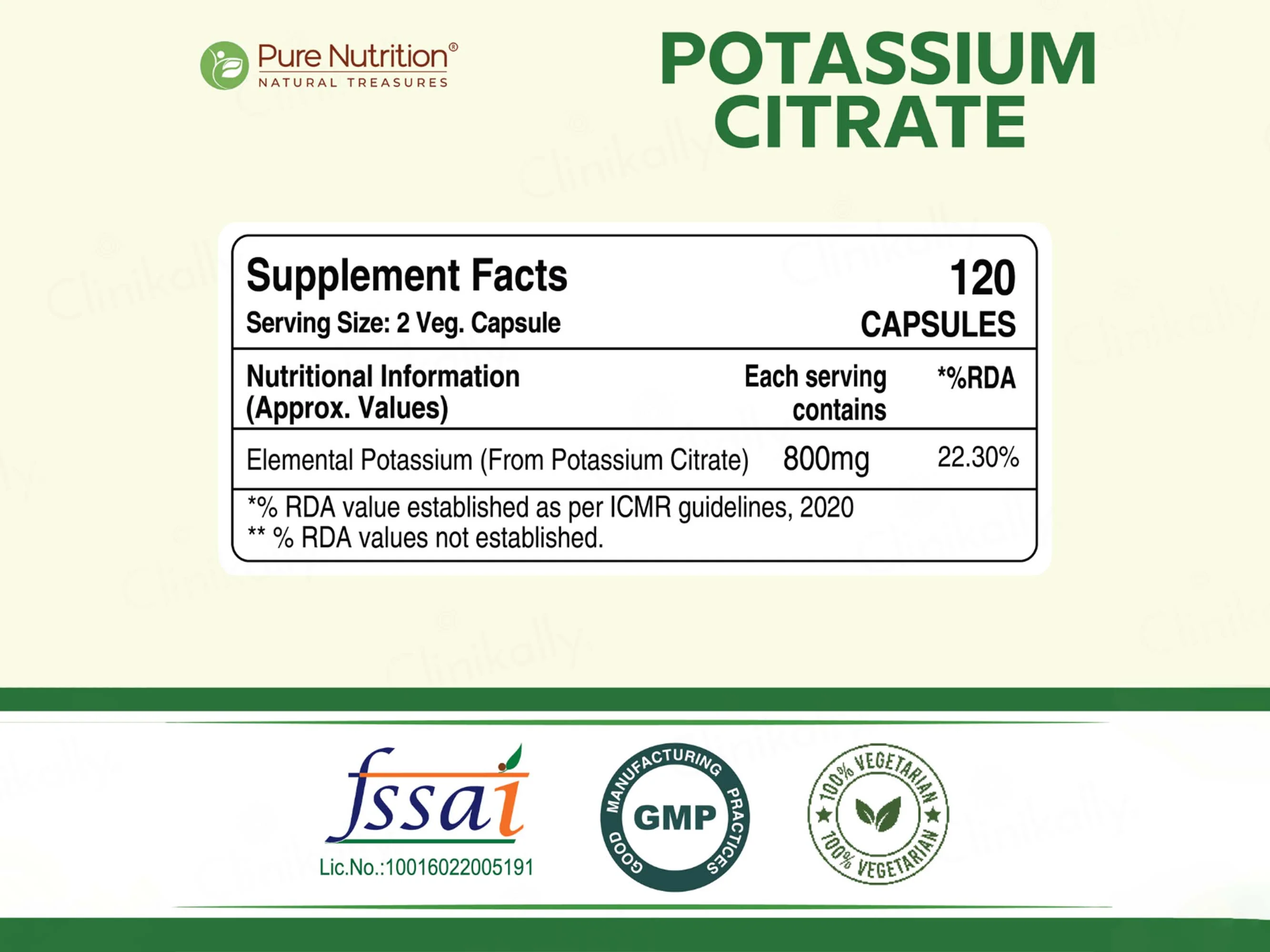 Pure Nutrition Potassium Citrate Pro 800mg Veg Capsule - Image 2
