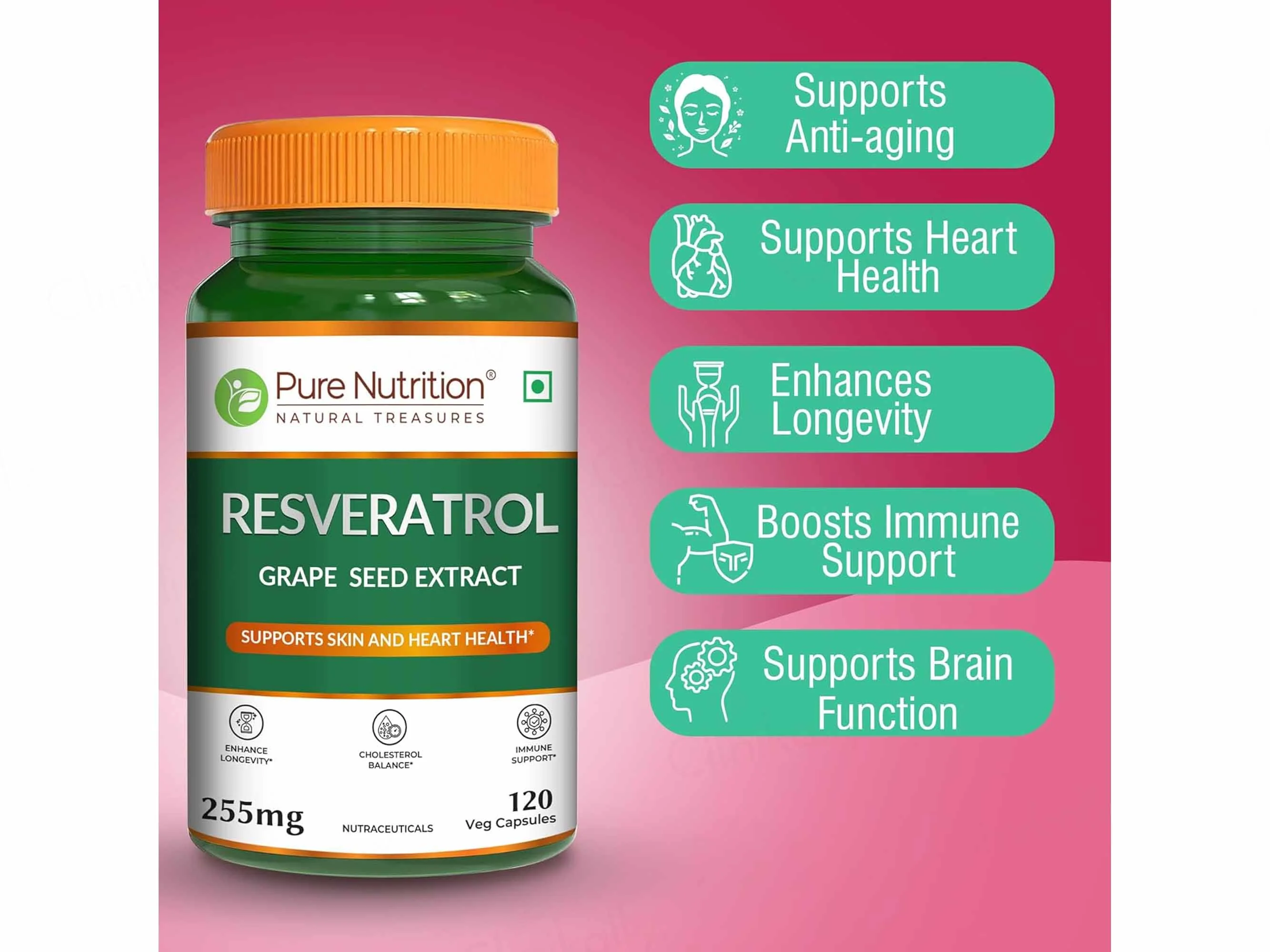 Pure Nutrition Resveratrol Grape Seed Extract 255mg Veg Capsule - Image 4