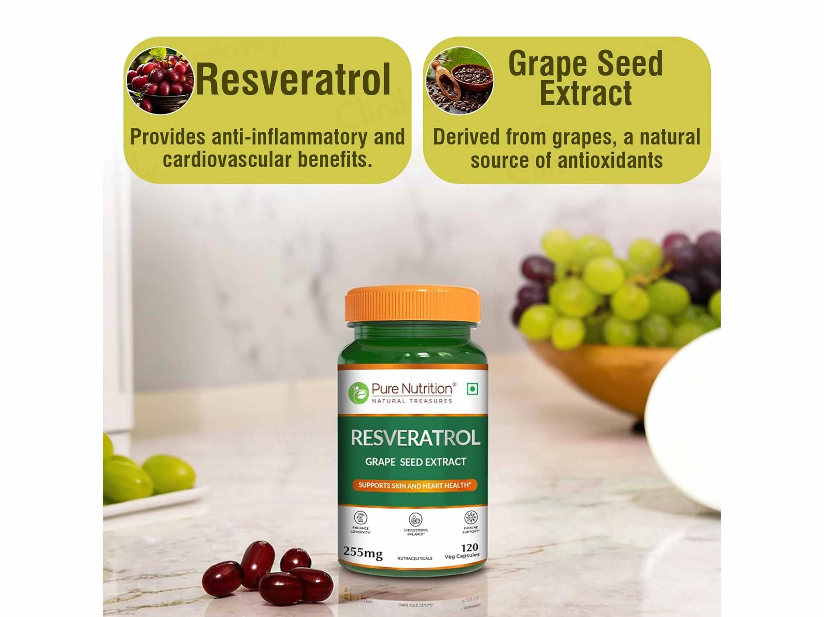 Pure Nutrition Resveratrol Grape Seed Extract 255mg Veg Capsule - Image 5
