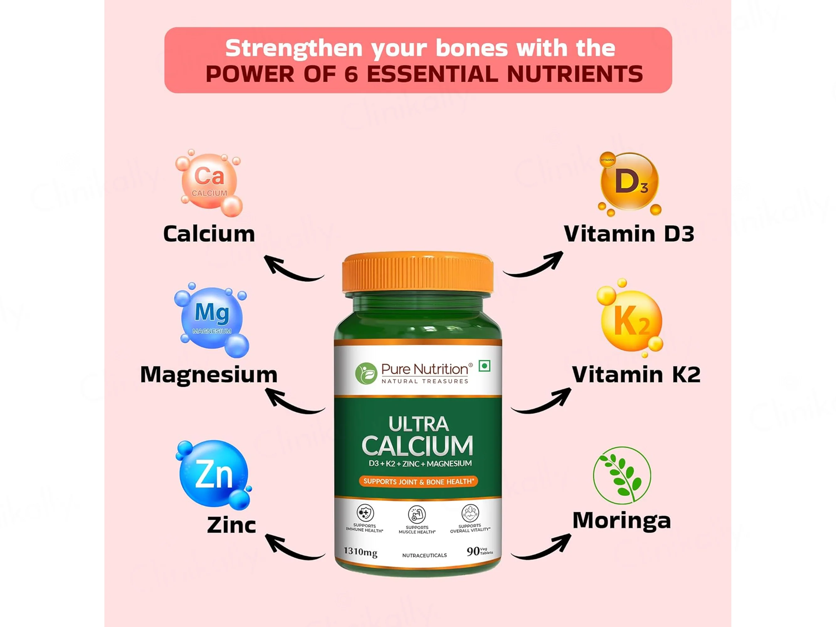 Pure Nutrition Ultra Calcium D3, K2, Zinc & Magnesium Veg Tablet - Image 2