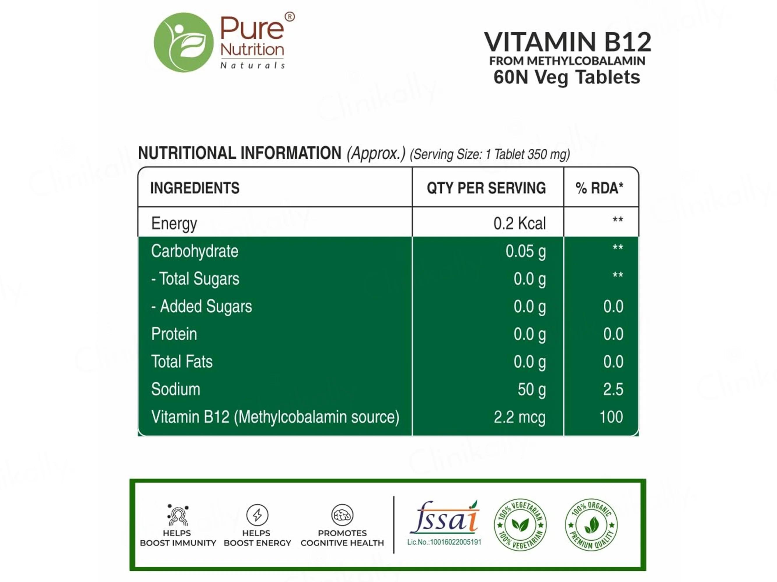 Pure Nutrition Vitamin B12 Methylcobalamin 2.2mcg Veg Tablet - Image 10