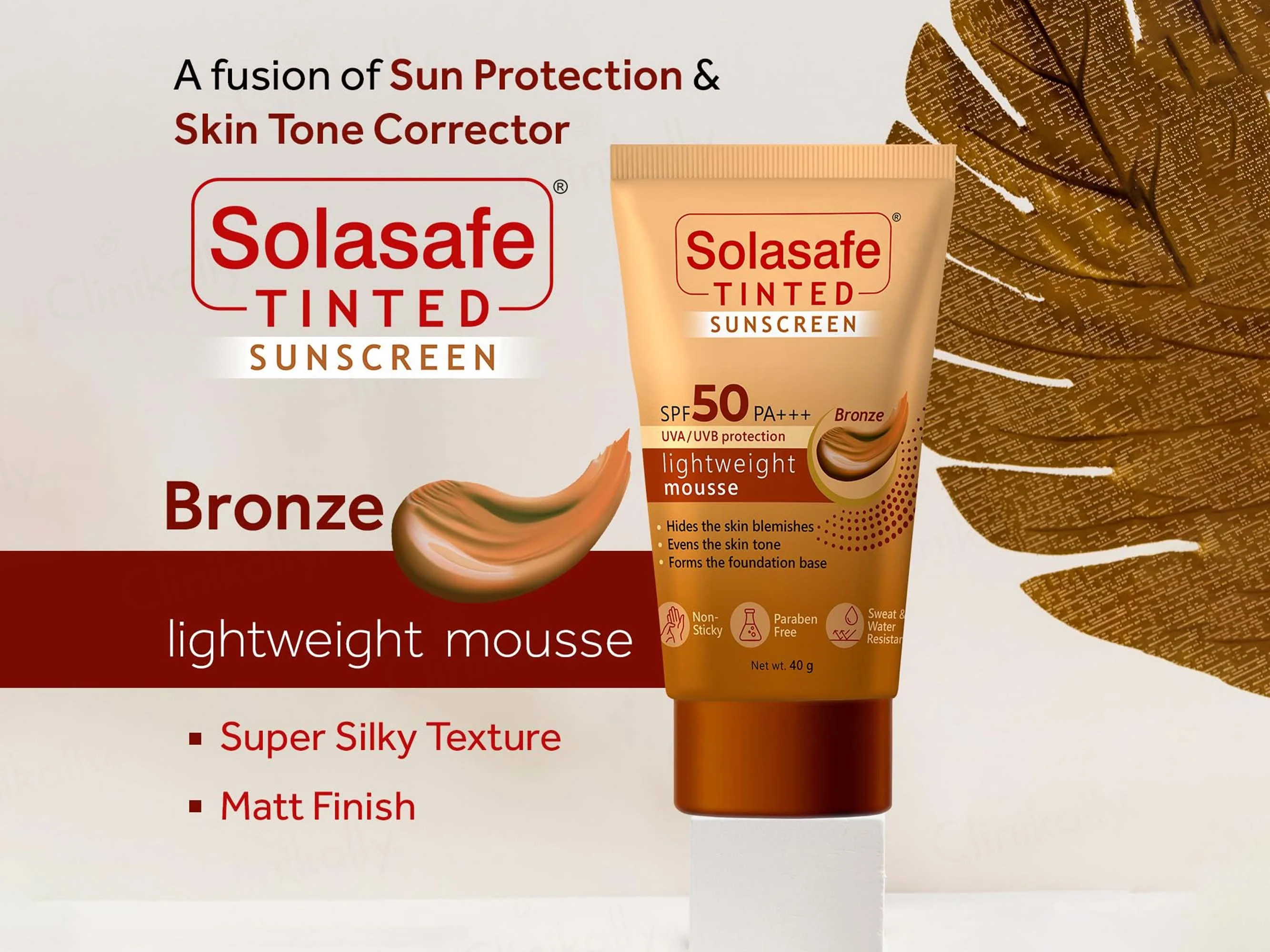 Solasafe Tinted Lightweight Mousse Sunscreen SPF 50 PA+++ (Bronze) - Image 3