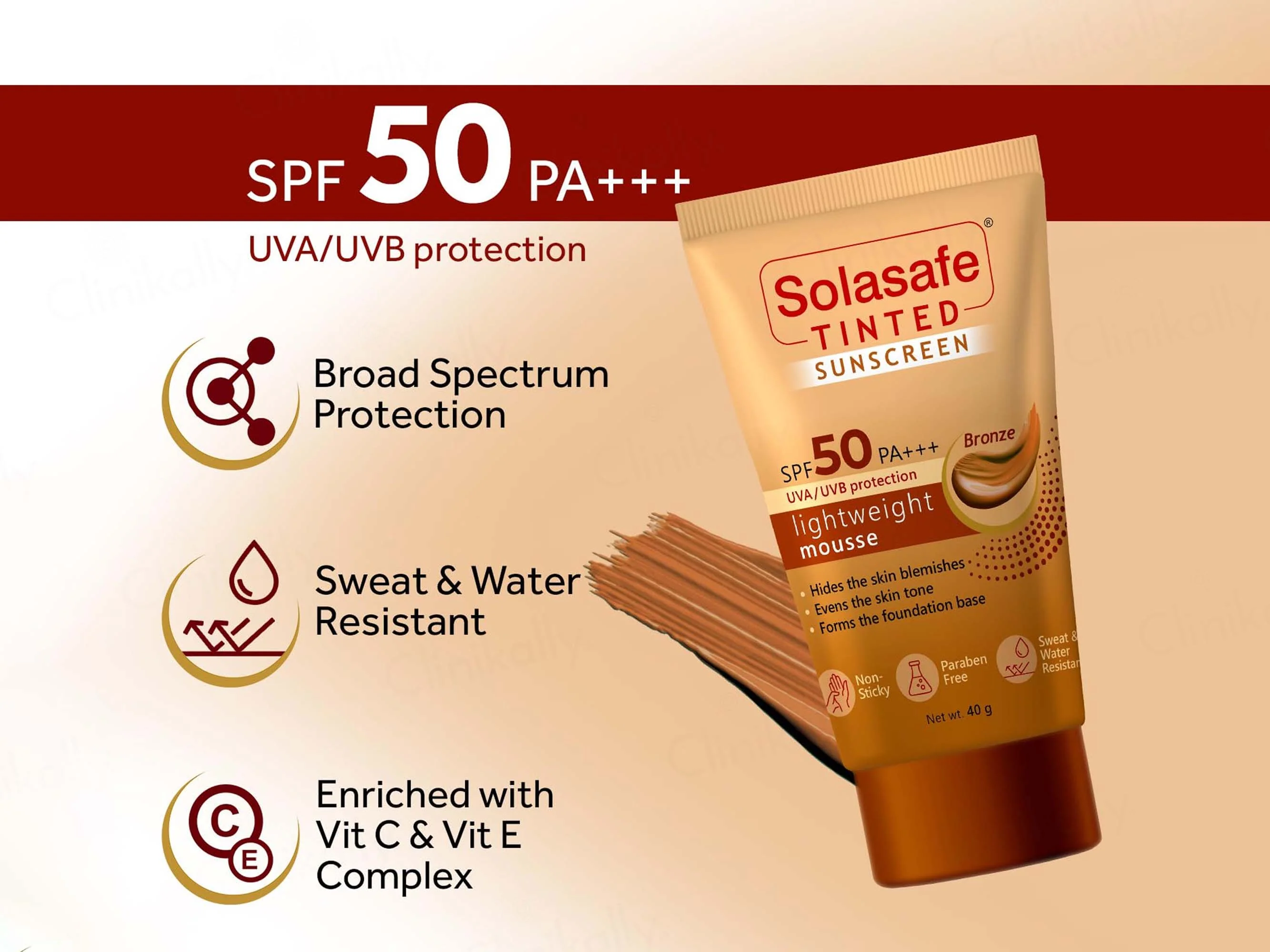 Solasafe Tinted Lightweight Mousse Sunscreen SPF 50 PA+++ (Bronze) - Image 4