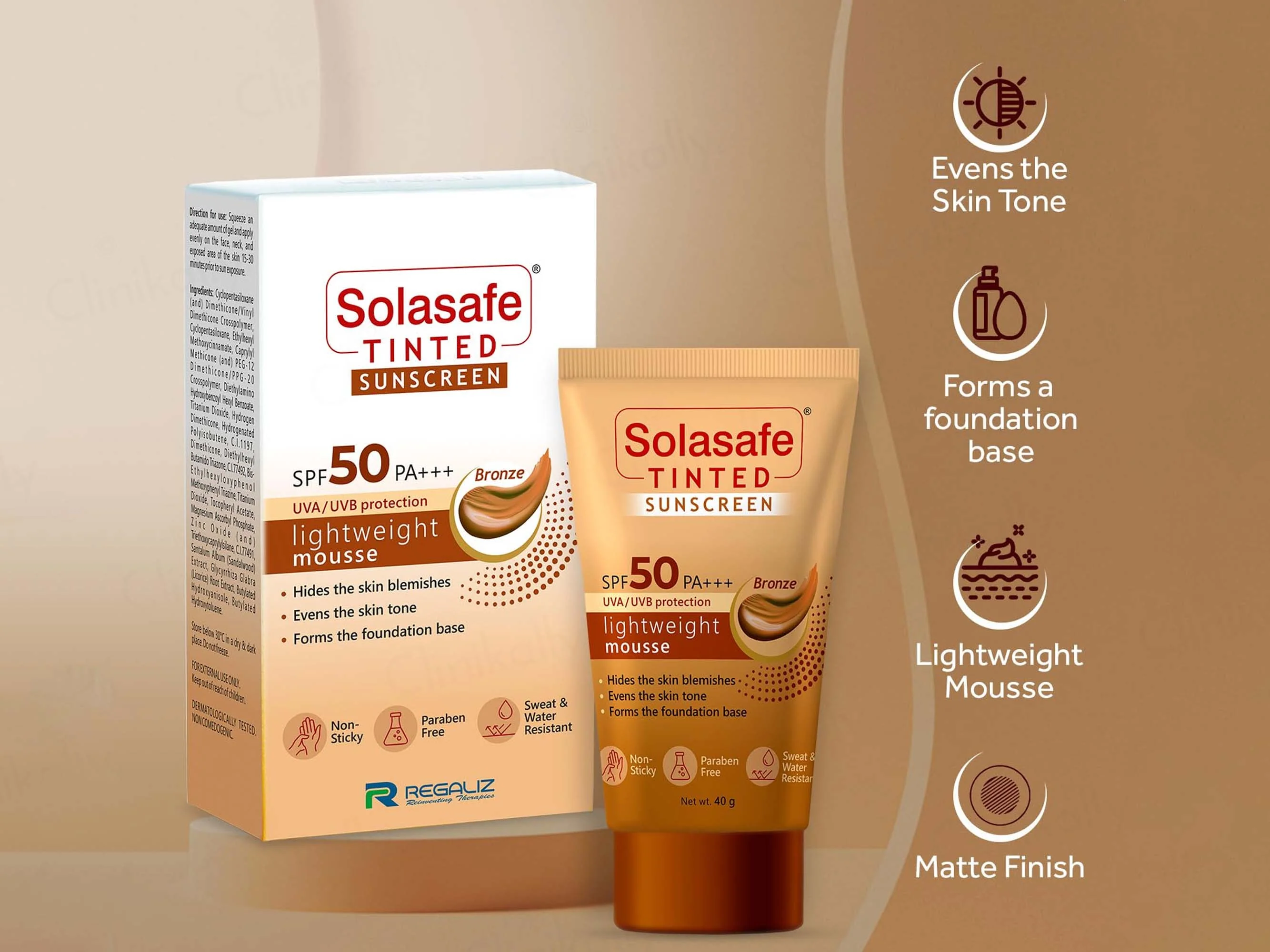 Solasafe Tinted Lightweight Mousse Sunscreen SPF 50 PA+++ (Bronze) - Image 5