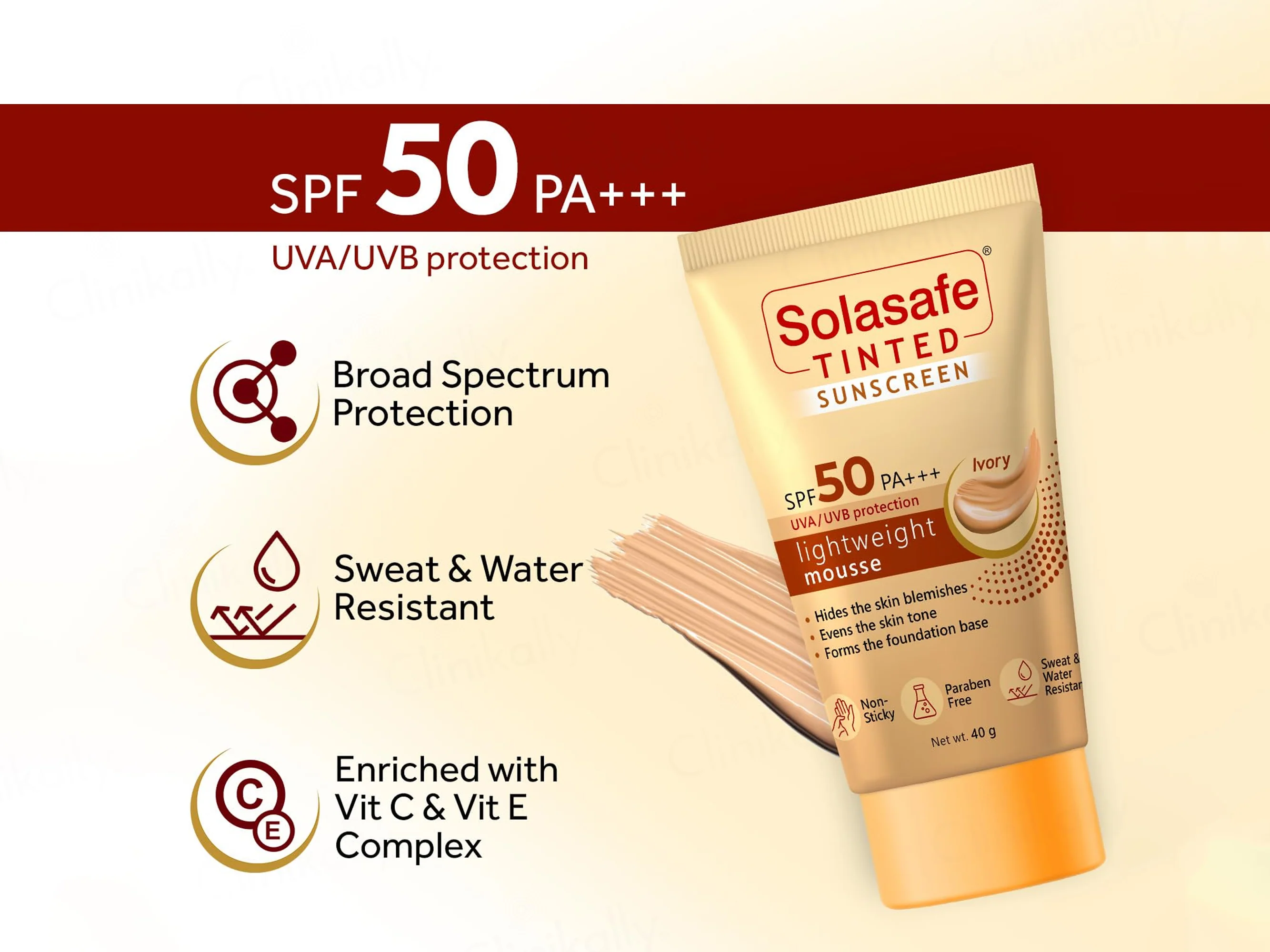 Solasafe Tinted Lightweight Mousse Sunscreen SPF 50 PA+++ (Ivory) - Image 3